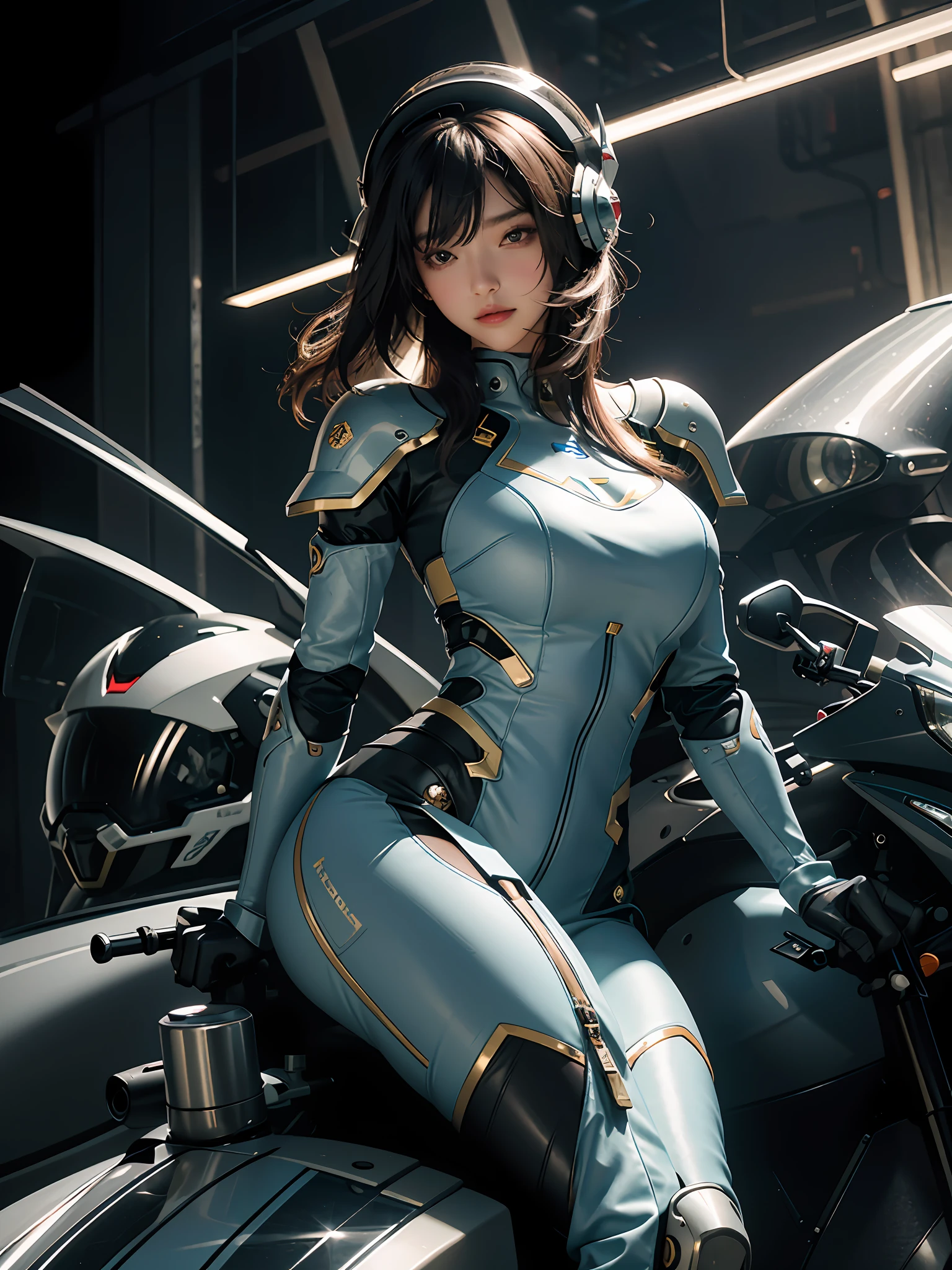Highest image quality, outstanding details, super high resolution, (fidelity: 1.4), the best illustration, favor details, highly cohesive, 1girl, with a delicate and beautiful face, plump chest, sexy body, dressed in a gorgeous mecha, wearing a mecha helmet, holding a direction controller, riding on a motorcycle, the background is a high-tech lighting scene of the future city.