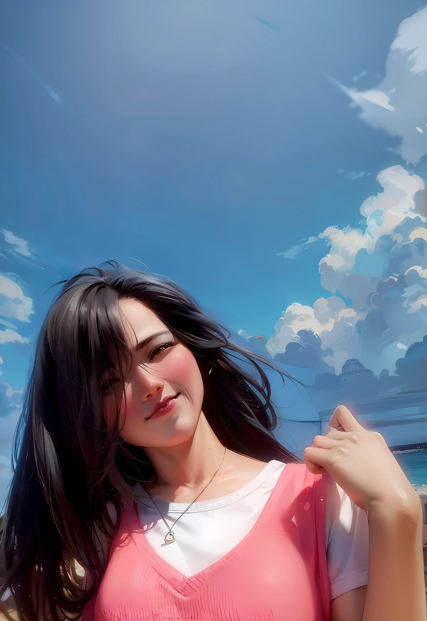 Replace the background with a misty sky.