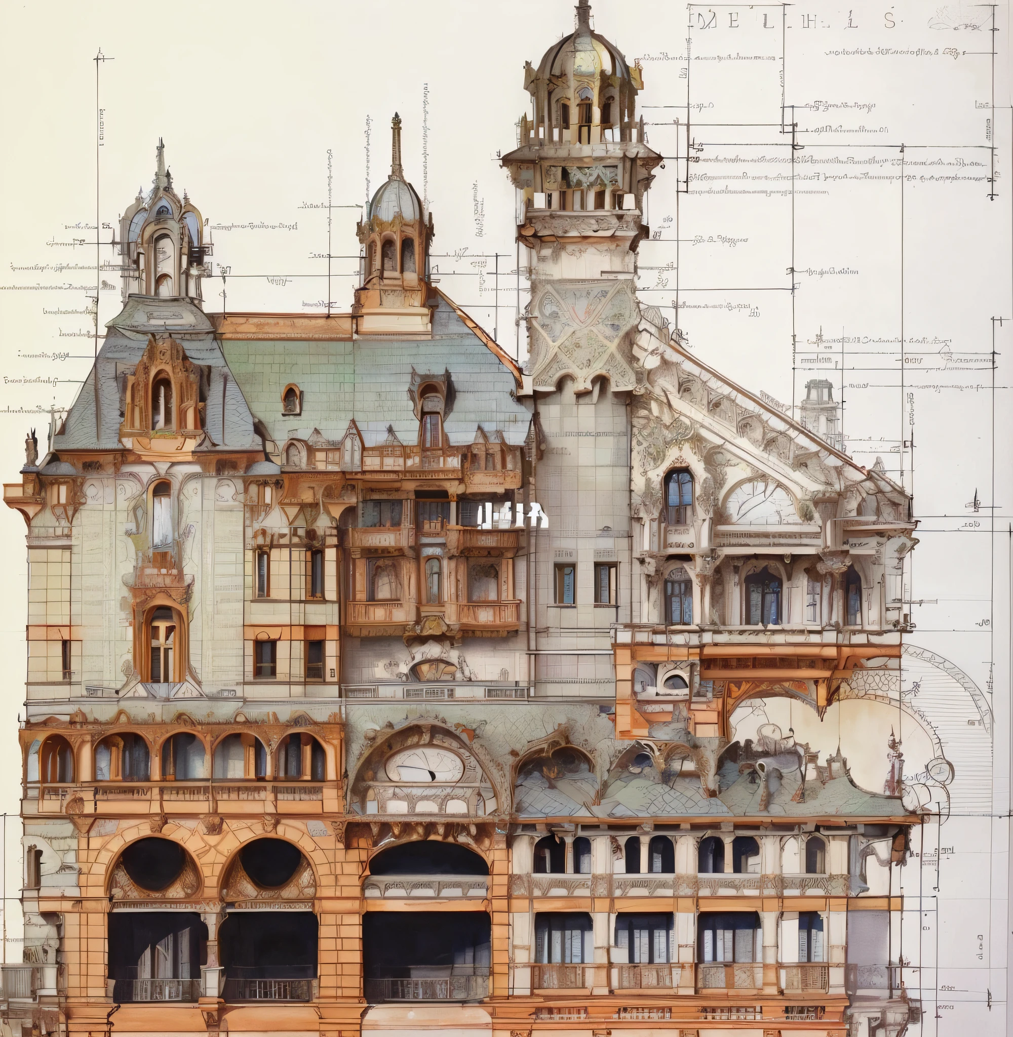 a close up of a drawing of a building with a clock tower, colorful architectural drawing, high quality architectural art, architectural illustration, intricately detailed buildings, highly detailed architecture, inspired by Matthias Jung, detailed architecture, architecture art, architectural painting, an extremely detailed building, architecture drawing, victorian architecture, beautiful architecture, victor horta, architectural section, drawing architecture, ornate architecture
