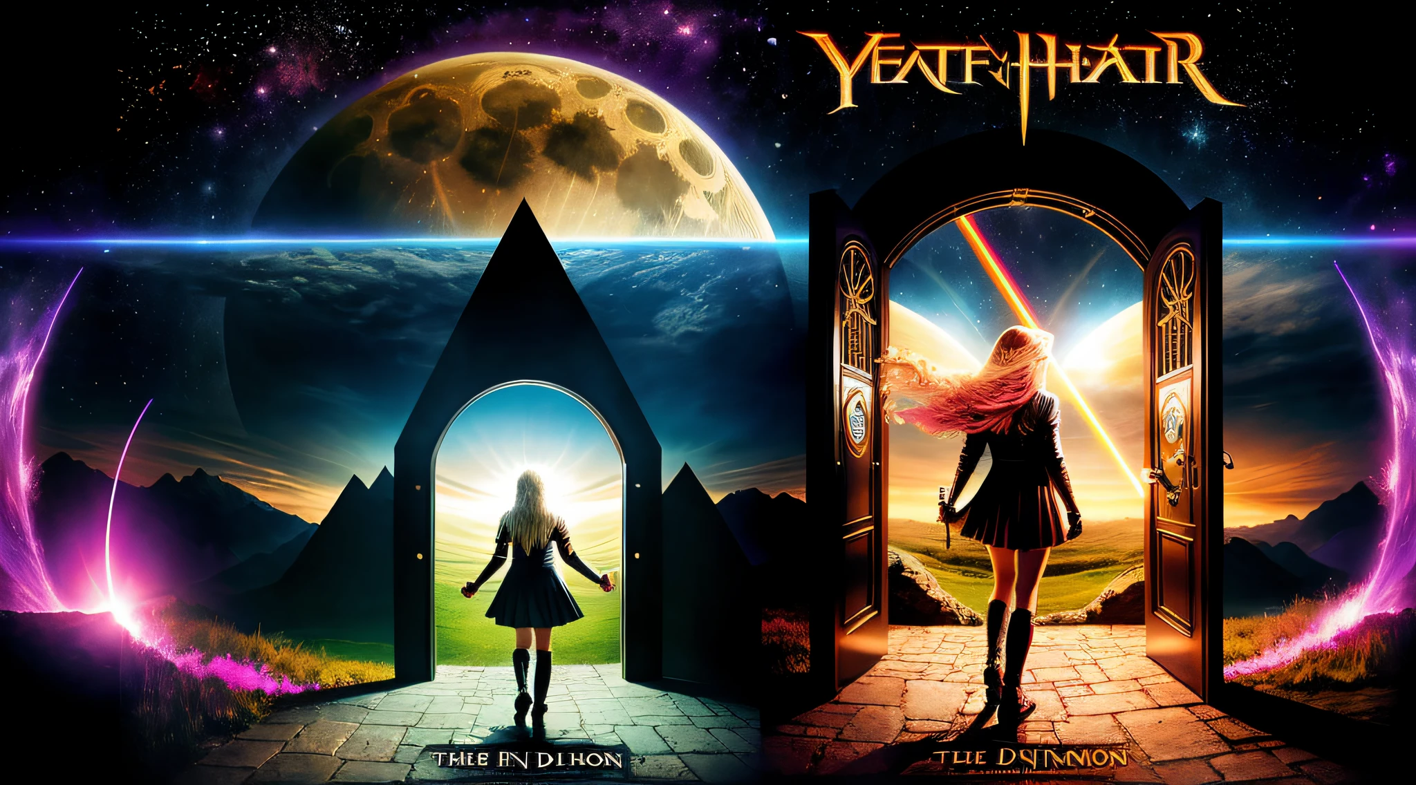 10 year old girl, blonde very long straight hair, PORTRAIT STYLE, with headphones holding a Pink Floyd album, The Dark Side of the Moon,There is a door leading to a dark sky with a shadow of a person, dream theater, portal to the Anotheer dimension, doors of perception, portal to another dimension, door to another dimension, the entrance to Valhalla, open portal to another dimension, metal album cover, portal to another world, portal to another universe, progressive rock album cover, power metal album cover
