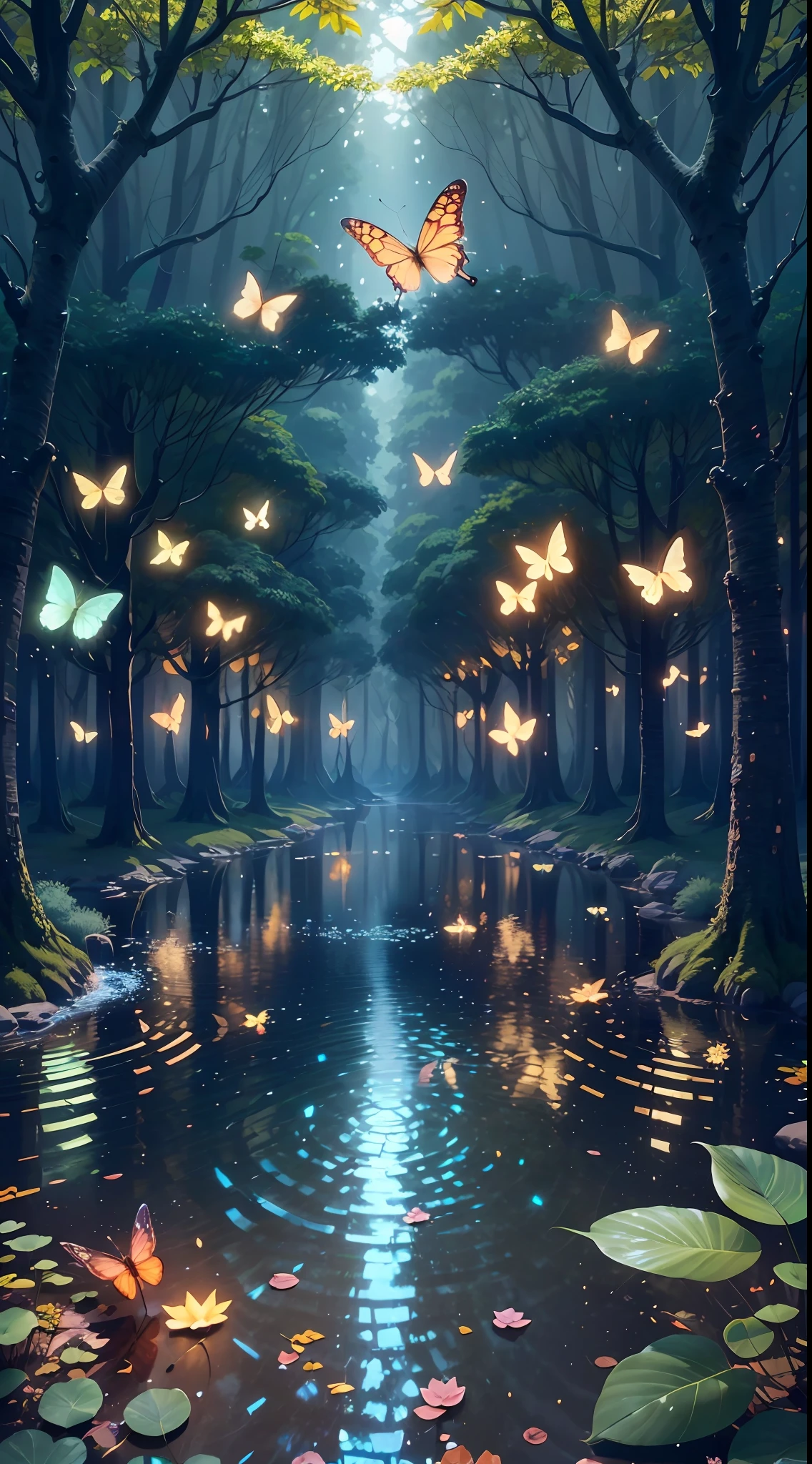 A masterpiece, the best quality, stunning reflections, the best reflections ever. (very detailed CG unity 8k wallpapers), (best quality), (best illustrations), (best shadows), forest theme with natural elements. Tall trees, quiet streams, small glowing mushrooms surrounded by delicate leaves and branches, with fireflies and glowing particle effects,, (natural elements), (jungle theme), (leaves), (twigs), (fireflies), butterflies, (delicate leaves), (glow), (particle effects). , Isometric 3D, Octane Rendering, Ray Traced, Super Detailed --auto --s2