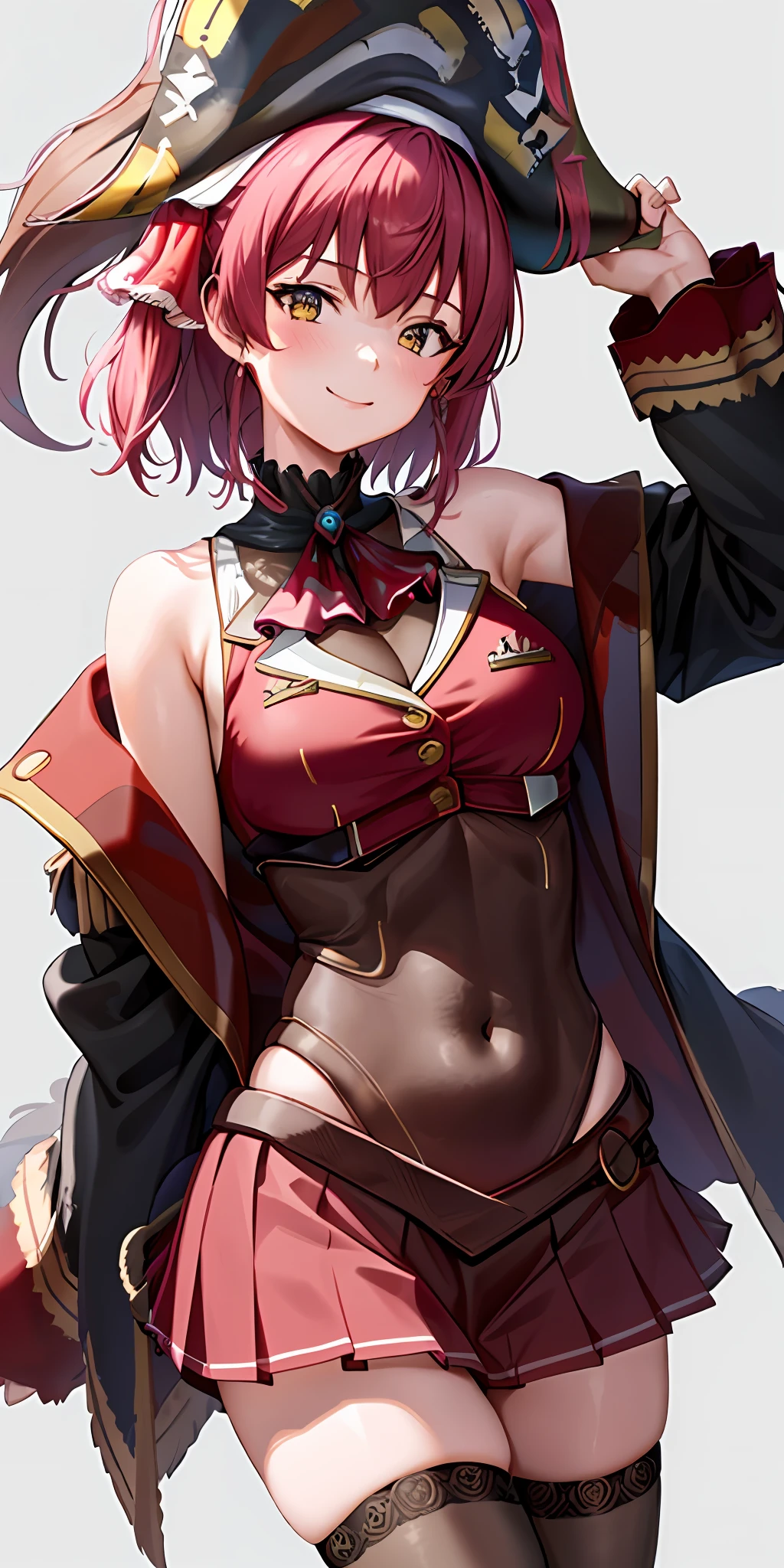 1girl, solo, Houshou Marine, busty, smiling, leotard under clothes, (red sleveless jacket, off shoulder coat, pirate hat, red miniskirt), black thighhighs