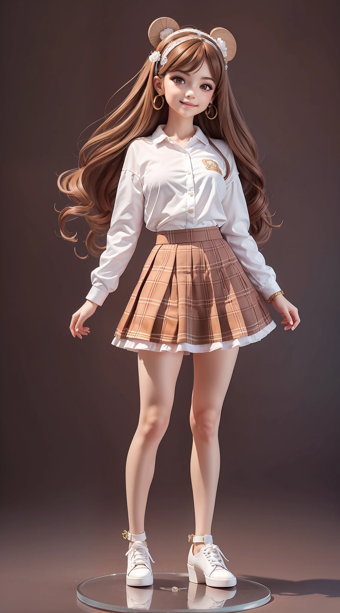 1girl, (anatomically correct), full body, (white shirt:1.1), (plaid skirt: 1.1), school sportswear, lace skirt, (brown heels), broken [brown: pink: 0.5] theme, (gradient background: 1.1), long hair, ((monkey hair ring)), dark eyes, smile, delicate headdress, clay texture, standing on round transparent glass, blind box toy style, sideways, panorama, (masterpiece: 1.1), (best quality: 1.1)