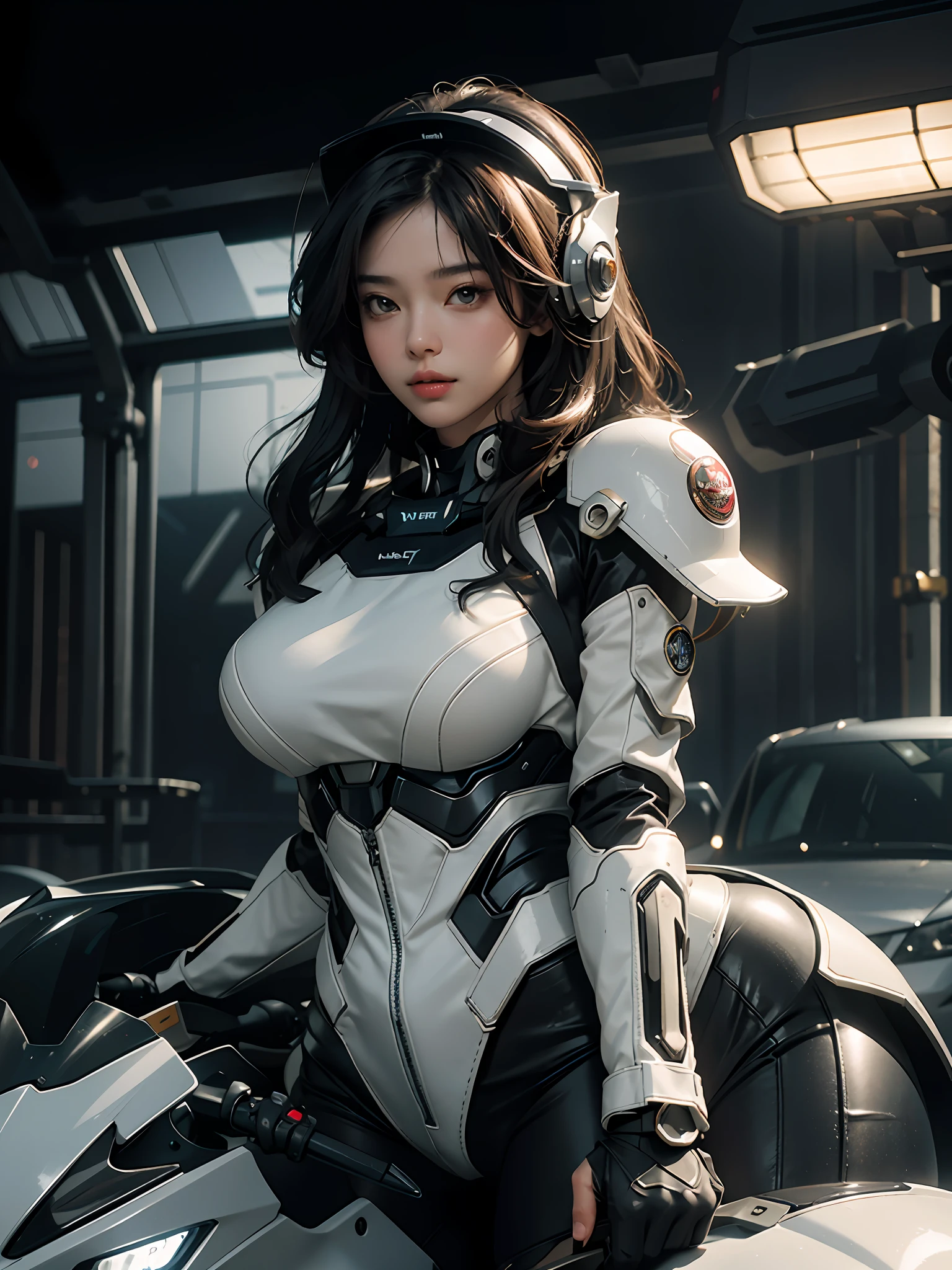 Highest image quality, outstanding details, super high resolution, (fidelity: 1.4), the best illustration, favor details, highly cohesive, 1girl, with a delicate and beautiful face, plump chest, sexy body, dressed in a gorgeous mecha, wearing a mecha helmet, holding a direction controller, riding on a motorcycle, the background is a high-tech lighting scene of the future city.
