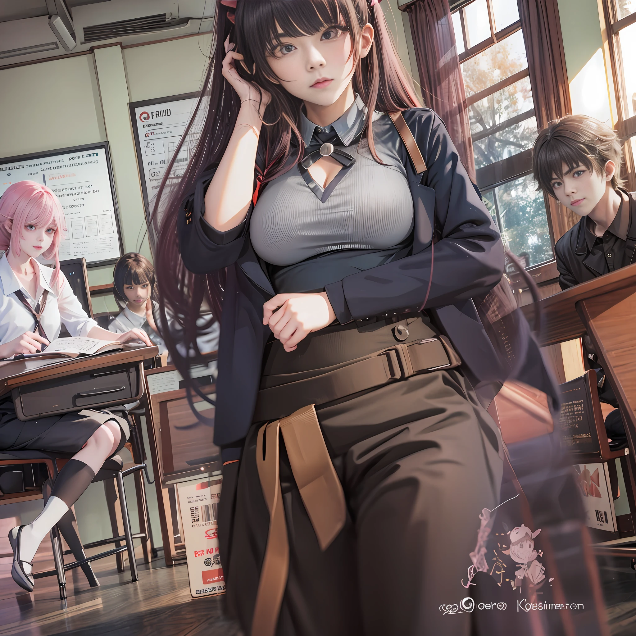 In the classroom stood a group of anime boys and girls, crossed waist