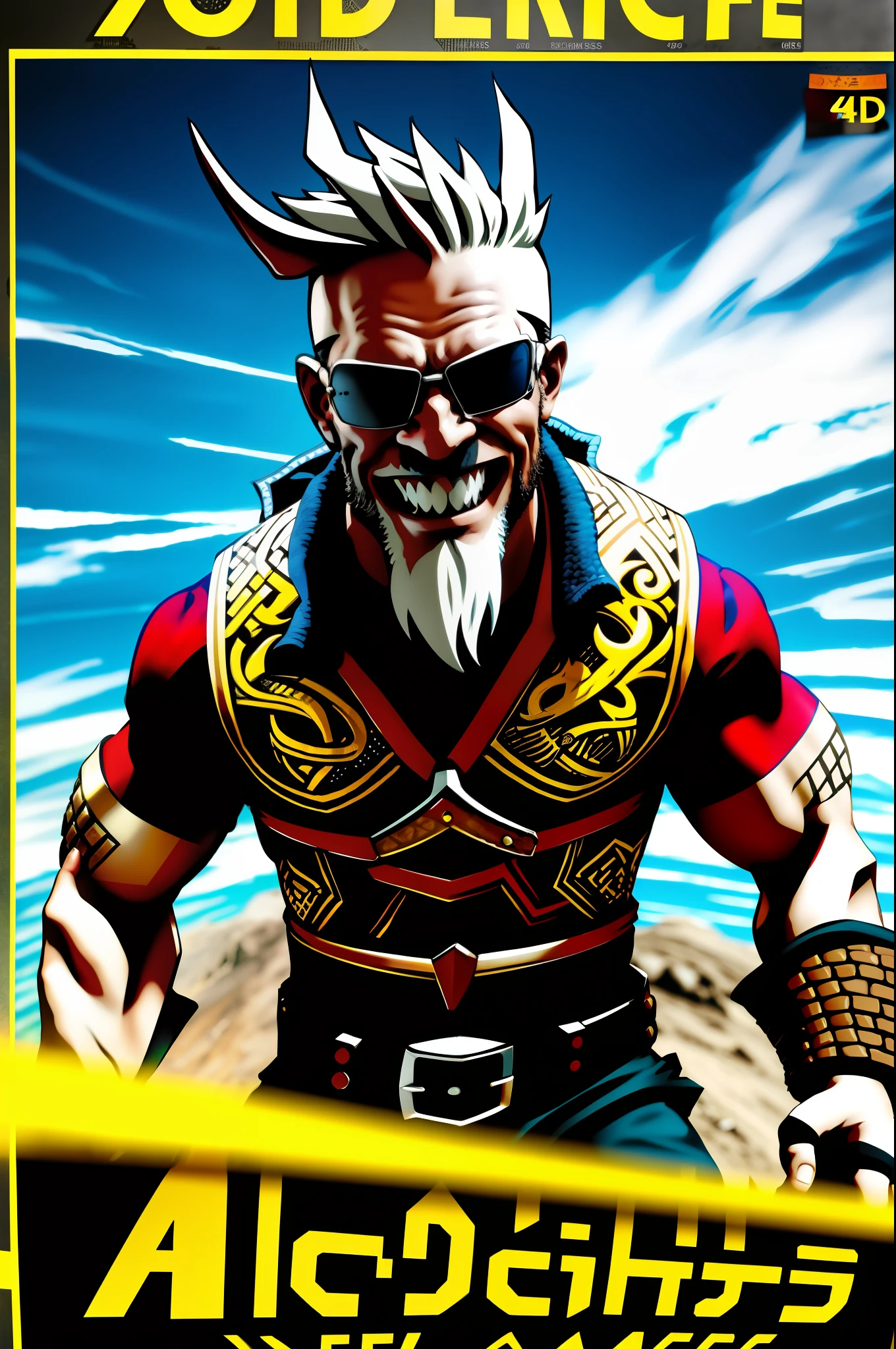 Movie poster, viking style, open mouth smiling, big hands, open arms, viking style tattoos on the body, topknot, short hair, sunglasses dropped, wearing biker vest, leather gear, highly detailed and intricate details, volumetric lighting, 4K rendering, ultra-realistic, realistic textures, landscape park, wind in the face, eyes open, konosuka anime style