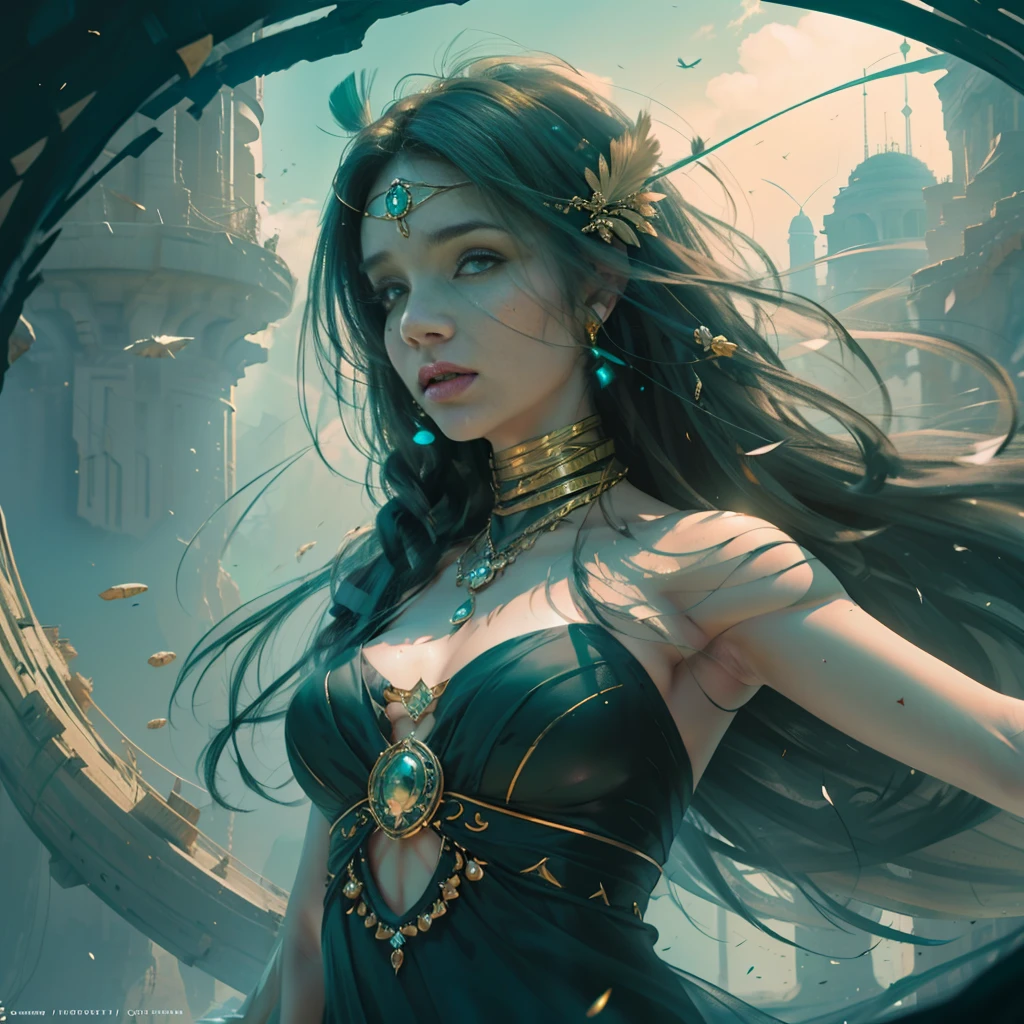 (highest quality, award-winning, masterpiece: 1.5), ultra-high resolution, (a fair-skinned girl: 1.2), long black hair, long hair floating (gorgeous face), calm, green long dress, turquoise, tribal ornaments, (feathers in hair: 0.4), headdress: 0.33, emerald, obsidian, detailed clothes, realistic skin texture, (floating particles, water swirls, embers, rituals, whirlwinds, wind: 1.2), clear focus, volumetric lighting, good highlights, good shadows, subsurface scattering, complex, highly detailed, ((film)), dramatic, (realism: 1.5), background canyon,