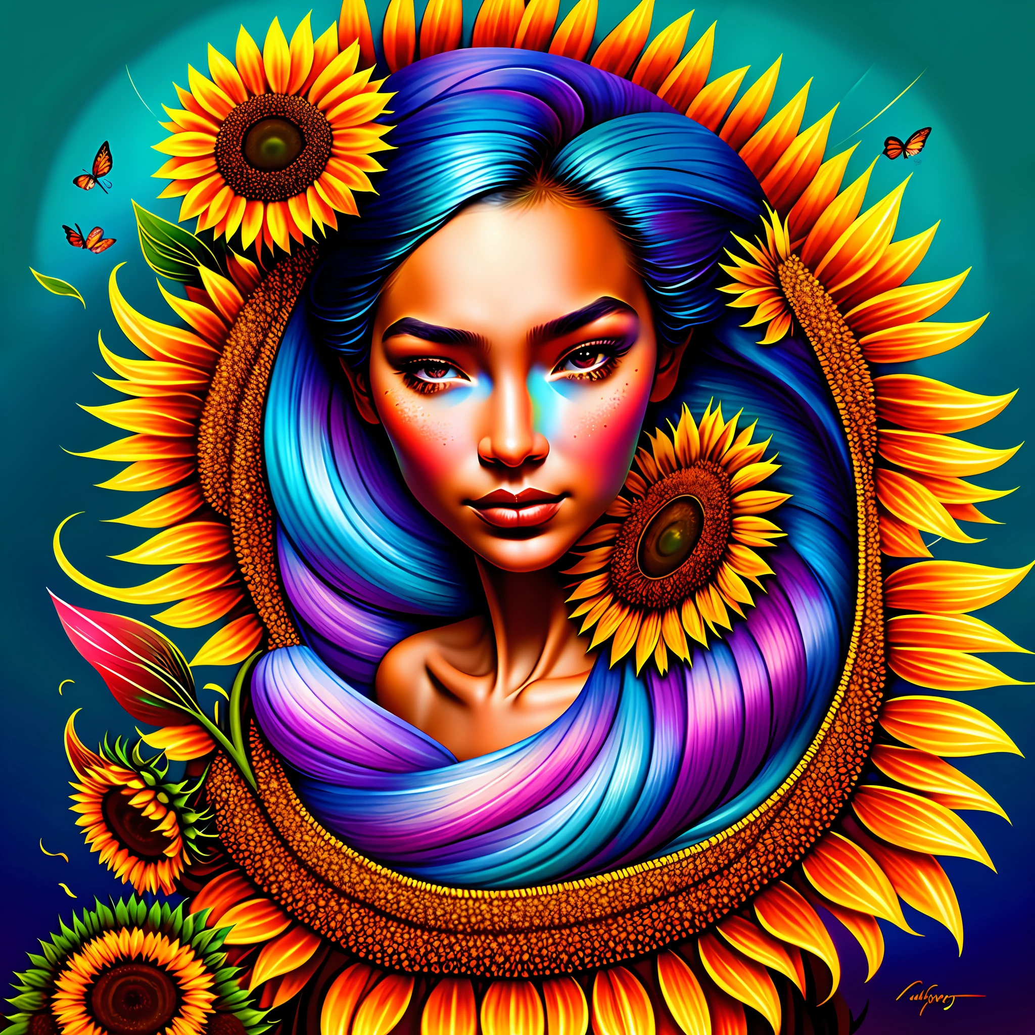 wide angle graffiti of a peasant woman holding a basket from which (thousands of sunflowers) flying and falling from the sky, (((swirl of sunflowers))) emerging from a peasant woman's basket, grotesque, ful body shot, cinematic lighting, high resolution, insane details, intricate details, hyperdetailed intricately detailed ultra realistic art trending on Artstation triadic colors Unreal Engine 5 detailed matte painting, deep color, fantastical, intricate detail, splash screen, complementary colors, fantasy concept art, 8k resolution, ultra realistic deviantart masterpiece, (dark shot:0.9), soft cinematic light, adobe lightroom, photolab, hdr, intricate, highly detailed, eonn2, mdjrny-grfft, dmmid style