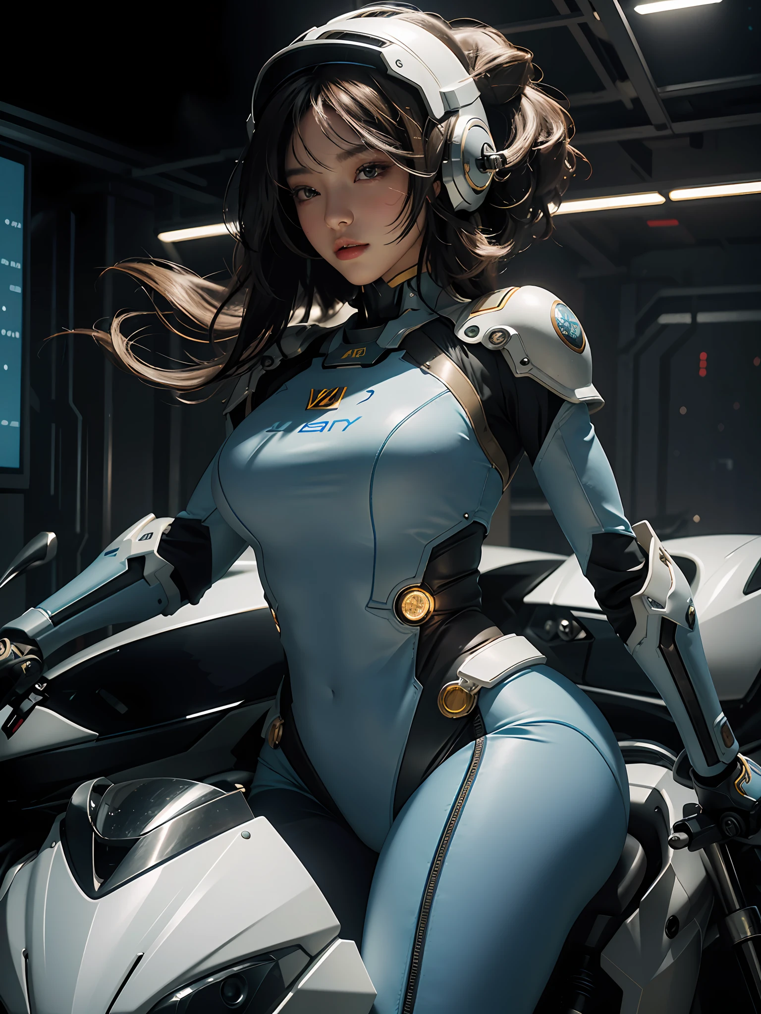 Highest image quality, outstanding details, super high resolution, (fidelity: 1.4), the best illustration, favor details, highly cohesive, 1girl, with a delicate and beautiful face, plump chest, sexy body, dressed in a gorgeous mecha, wearing a mecha helmet, holding a direction controller, riding on a motorcycle, the background is a high-tech lighting scene of the future city.