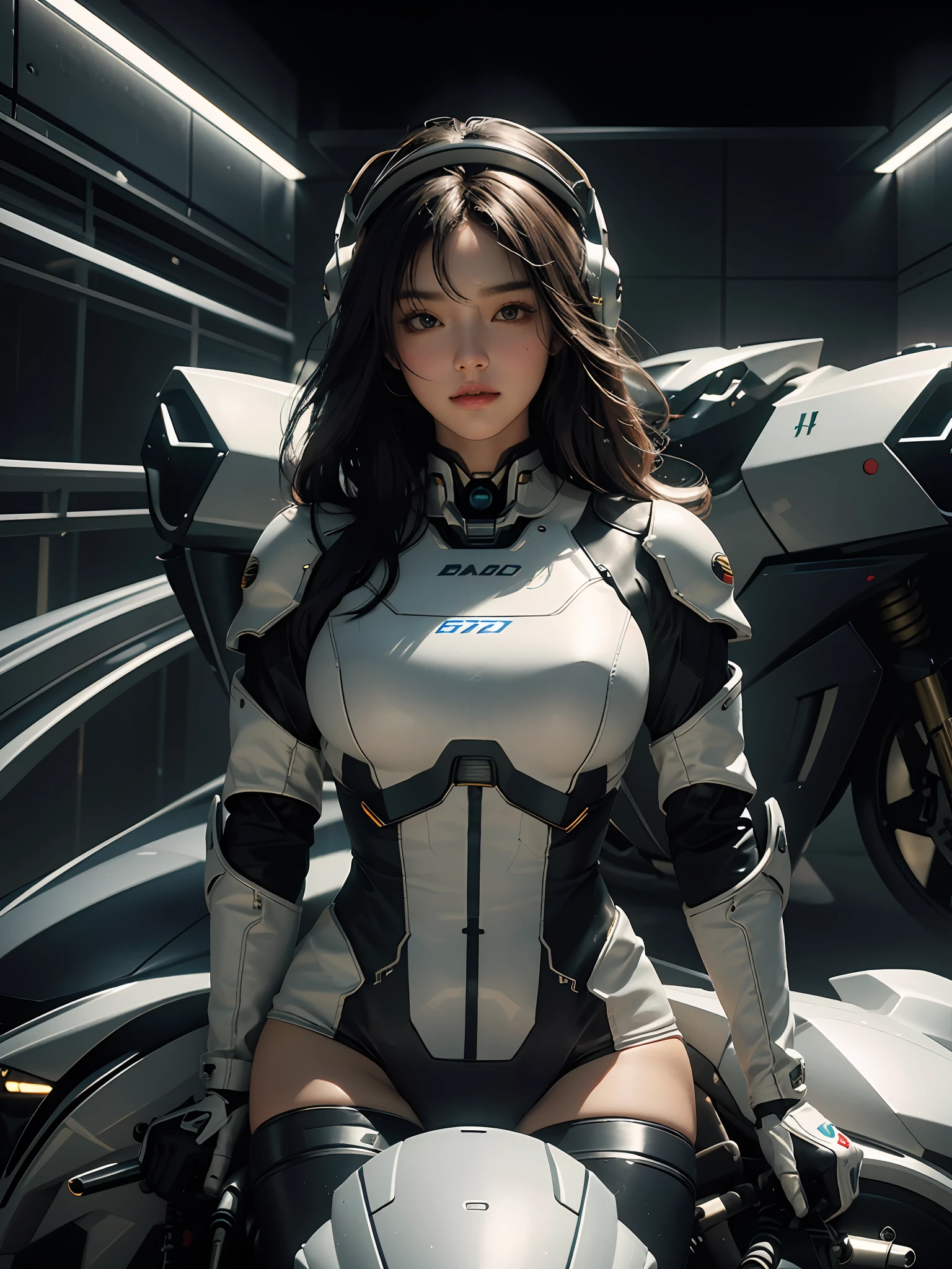 Highest image quality, outstanding details, super high resolution, (fidelity: 1.4), the best illustration, favor details, highly cohesive, 1girl, with a delicate and beautiful face, plump chest, sexy body, dressed in a gorgeous mecha, wearing a mecha helmet, holding a direction controller, riding on a motorcycle, the background is a high-tech lighting scene of the future city.