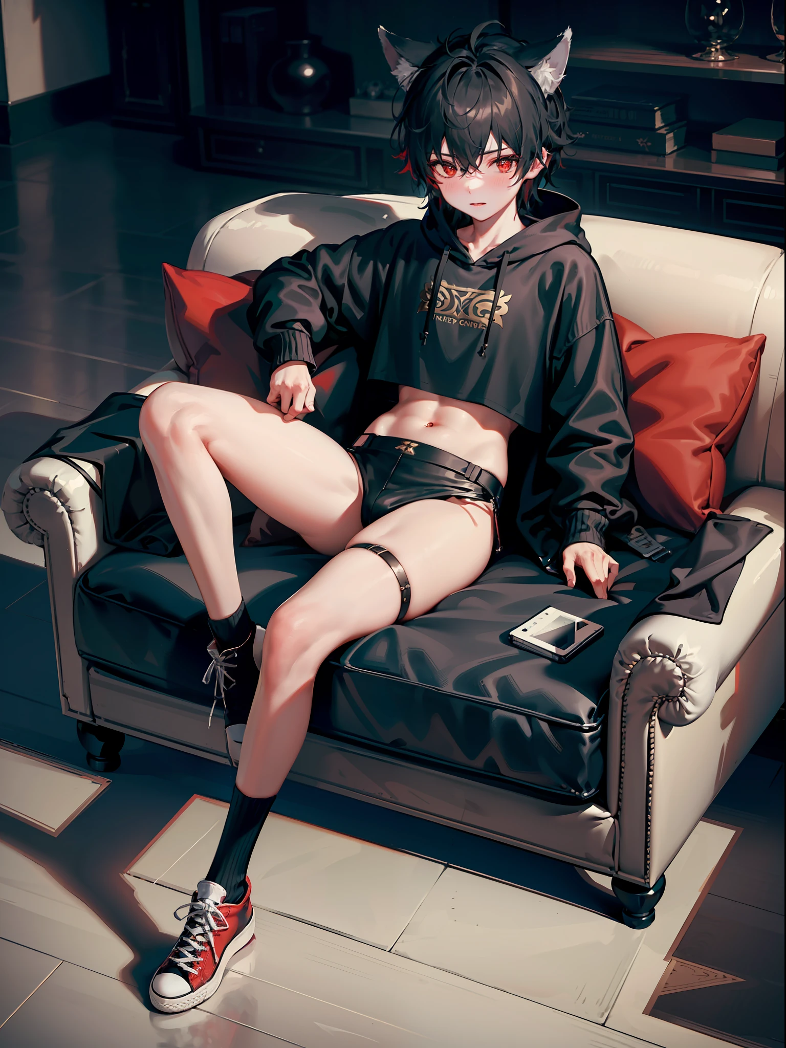 1boy, toned, sharp big wolf ears, wolf tail, big black messy hair, wide extremely vibrant red eyes, HD, masterpiece, vibrant, black converse shoes, slim dark crop top hoodie, full body view, black thigh socks, sitting on couch