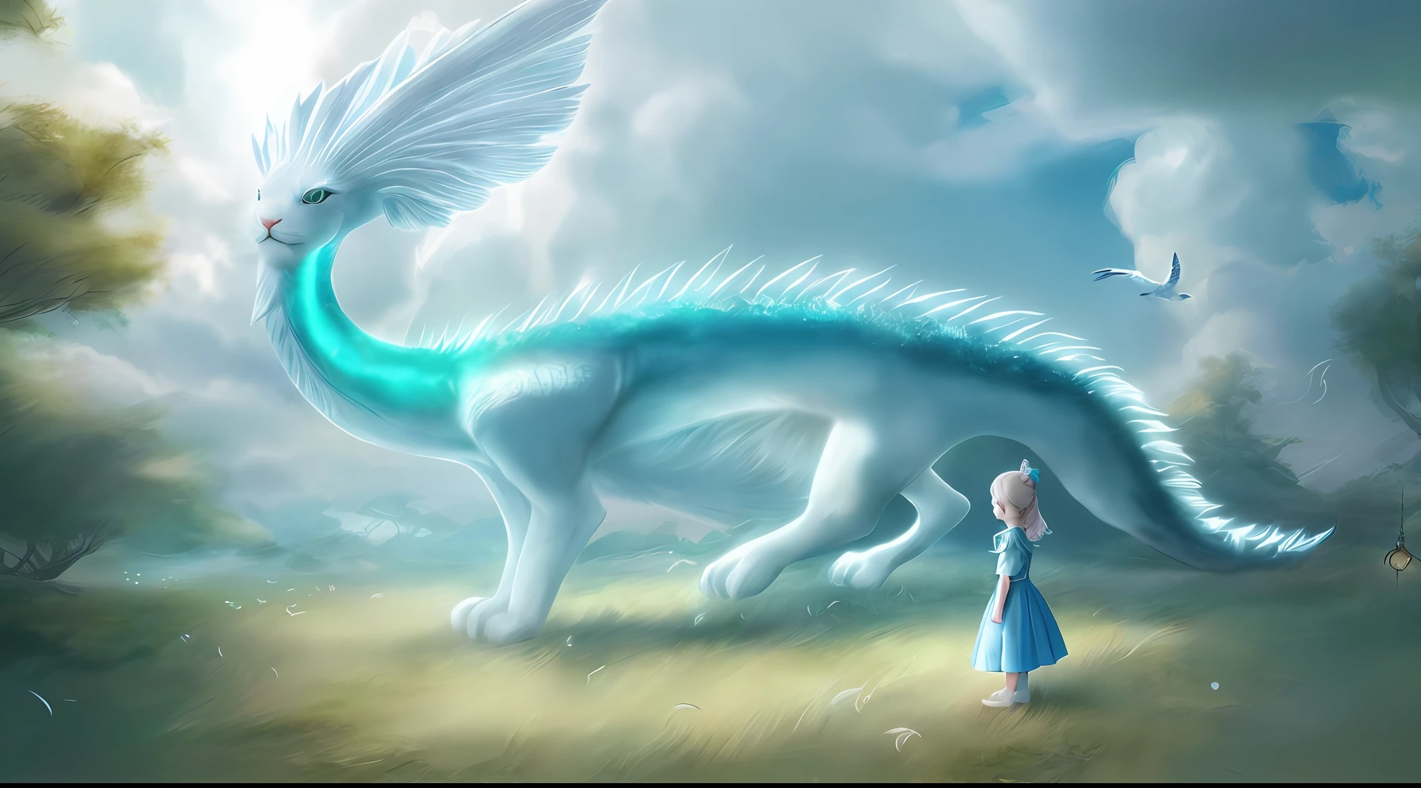 Cute little girl leaning against a huge white cat. Beautiful digital artwork, exquisite digital illustration, mizutsune, inspired by mythical creature wildnet, digital art on pixiv, bright light, high contrast