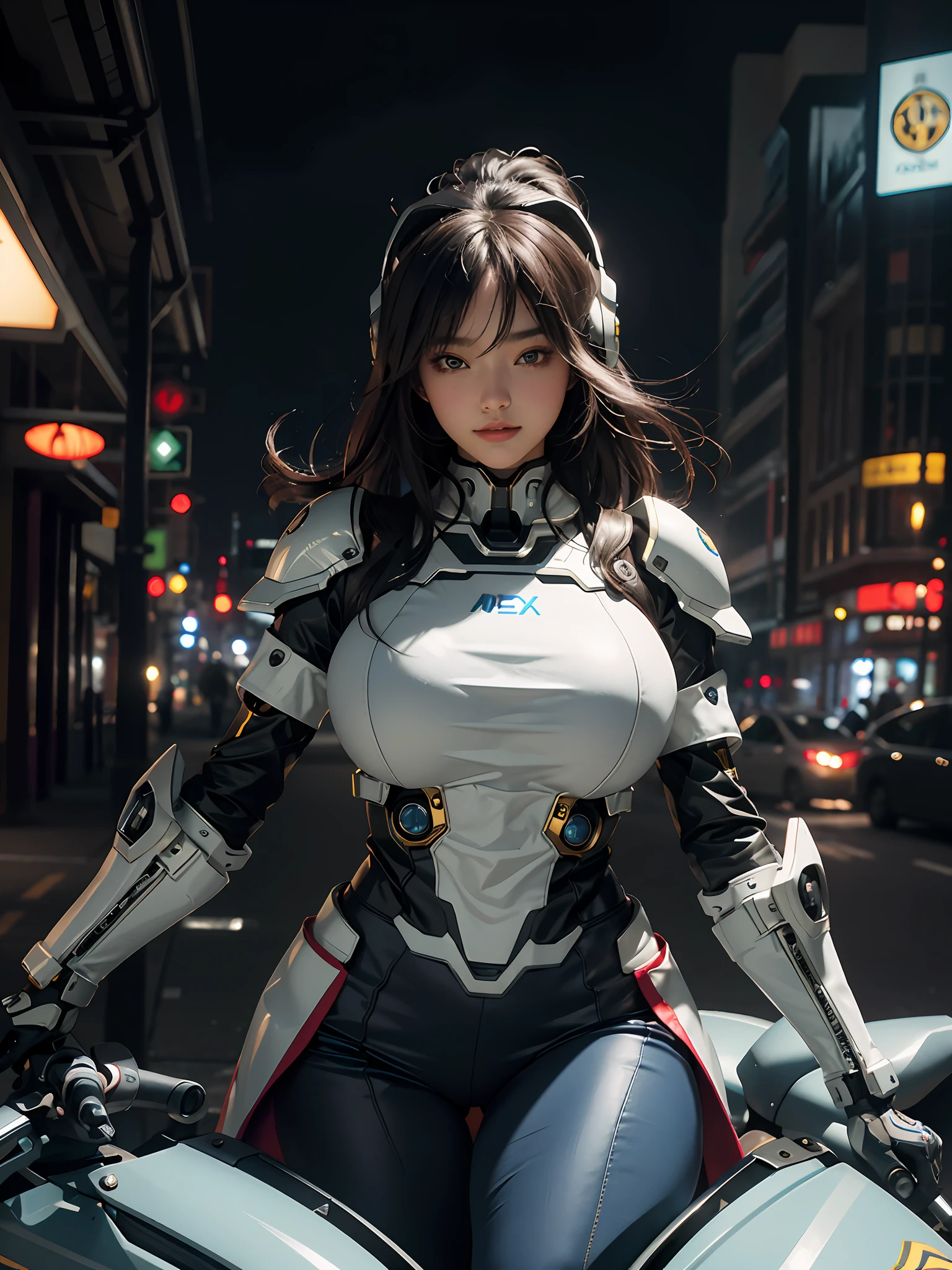 Highest image quality, outstanding details, super high resolution, (fidelity: 1.4), the best illustration, favor details, highly cohesive, 1girl, with a delicate and beautiful face, plump chest, sexy body, dressed in a gorgeous mecha, wearing a mecha helmet, holding a direction controller, riding on a motorcycle, the background is a high-tech lighting scene of the future city.