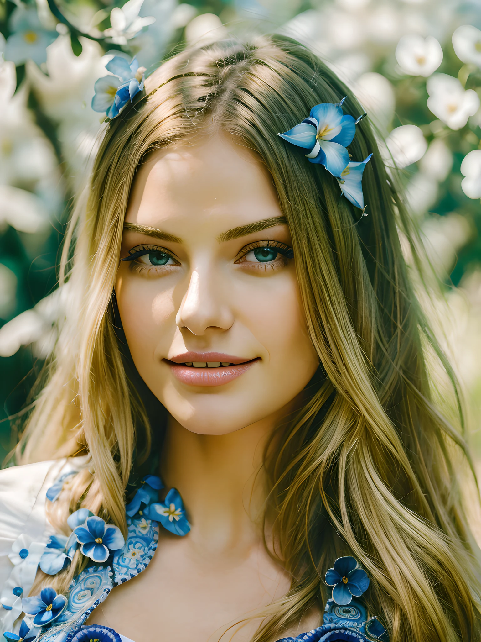(Masterpiece, best quality:1.4), close-up, gorgeous face, blonde long hair, wavy beautiful hair, woman, clear eyes, looking at the viewer, perfect teeth, smirk, embedded in a sea of stunning flowers, (blue flower sea), (zentangle:1.2), Gaya, 8K, RAW, High Quality, High Resolution Image, Fashion Magazine, Advertising Photography, Canon M50
