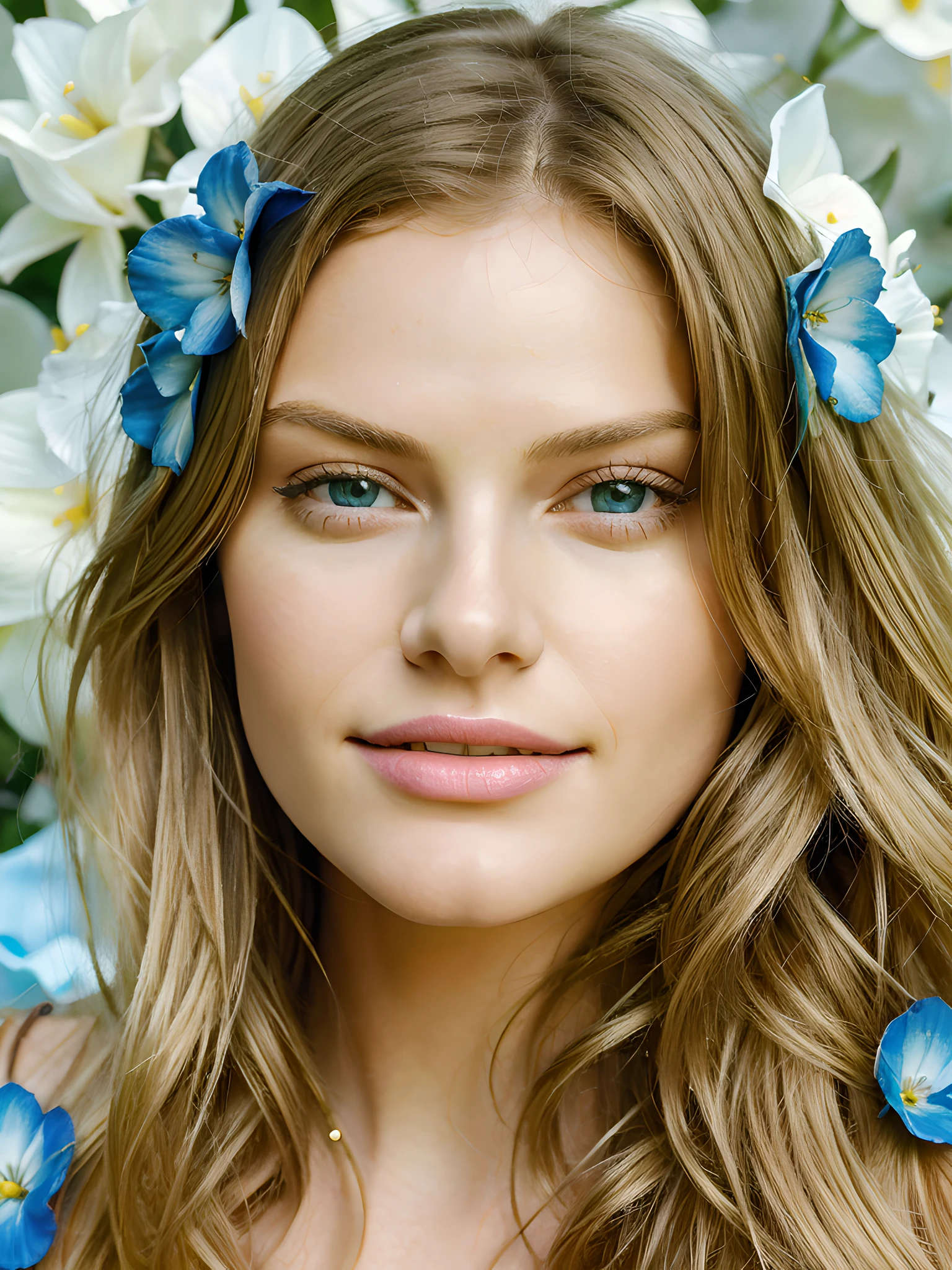 (Masterpiece, best quality:1.4), close-up, gorgeous face, blonde long hair, wavy beautiful hair, woman, clear eyes, looking at the viewer, perfect teeth, smirk, embedded in a sea of stunning flowers, (blue flower sea), (zentangle:1.2), Gaya, 8K, RAW, High Quality, High Resolution Image, Fashion Magazine, Advertising Photography, Canon M50