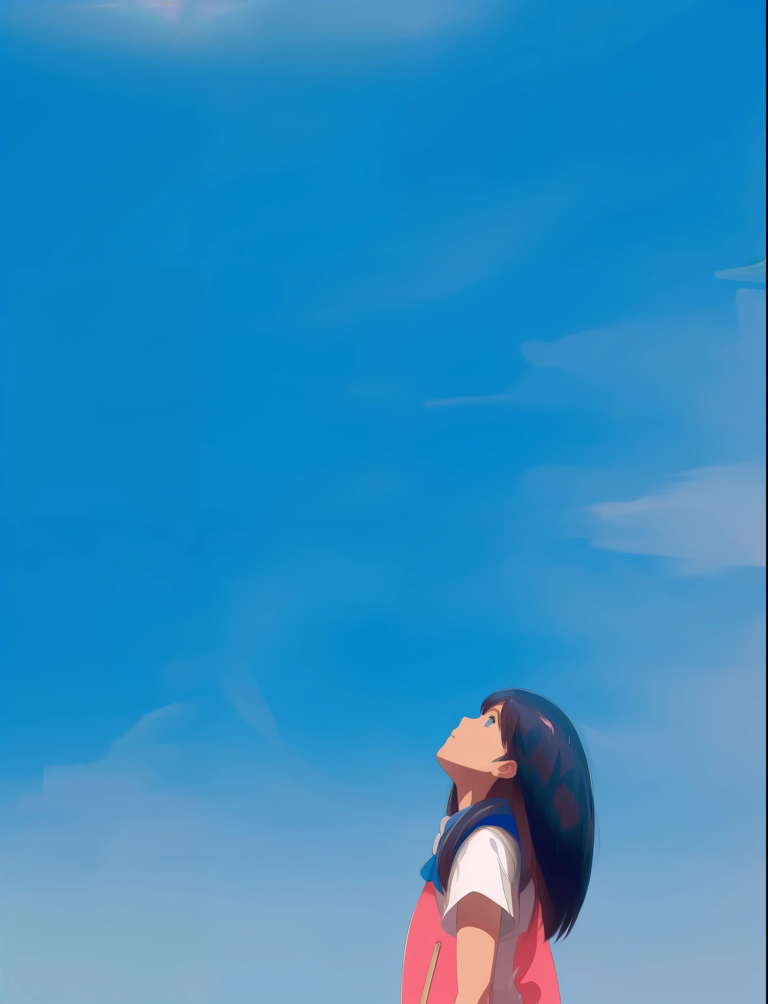 there is a girl that is flying a kite in the sky, looking to the sky, looking at the sky, clear blue skies, there is blue sky, blue sky, blue skies, looking up to the sky, blue clear skies, clear sky, low angle facing sky, clear blue sky, background is heavenly, looking up into the sky