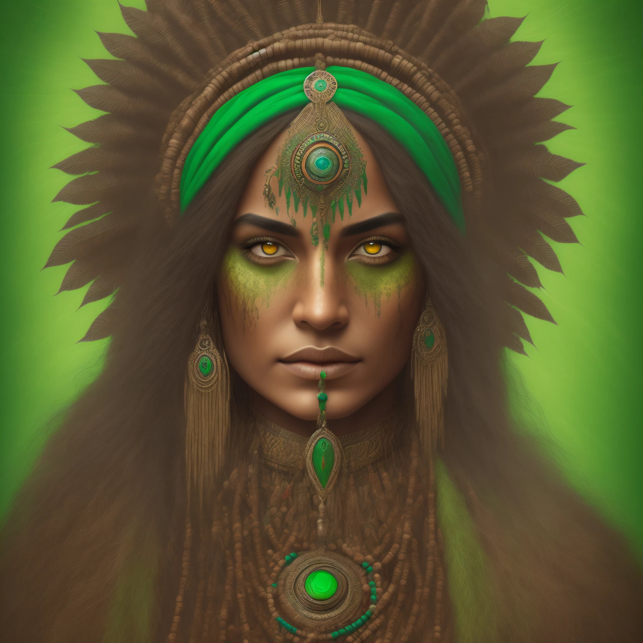 Shaman, shamanism, woman, realism, (brown eye), green colors, clean nose, 4k, ultra hd, detailed.