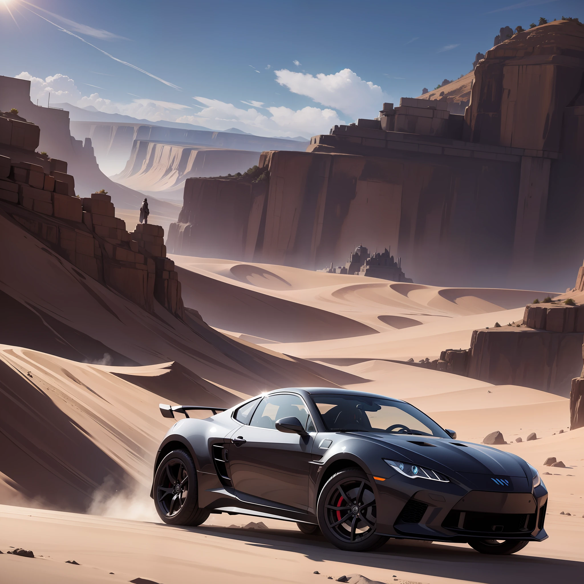 Vista, Villeneuve cinematic style, black palace, desert, medium sci-fi silver sports car, blue-gray tones