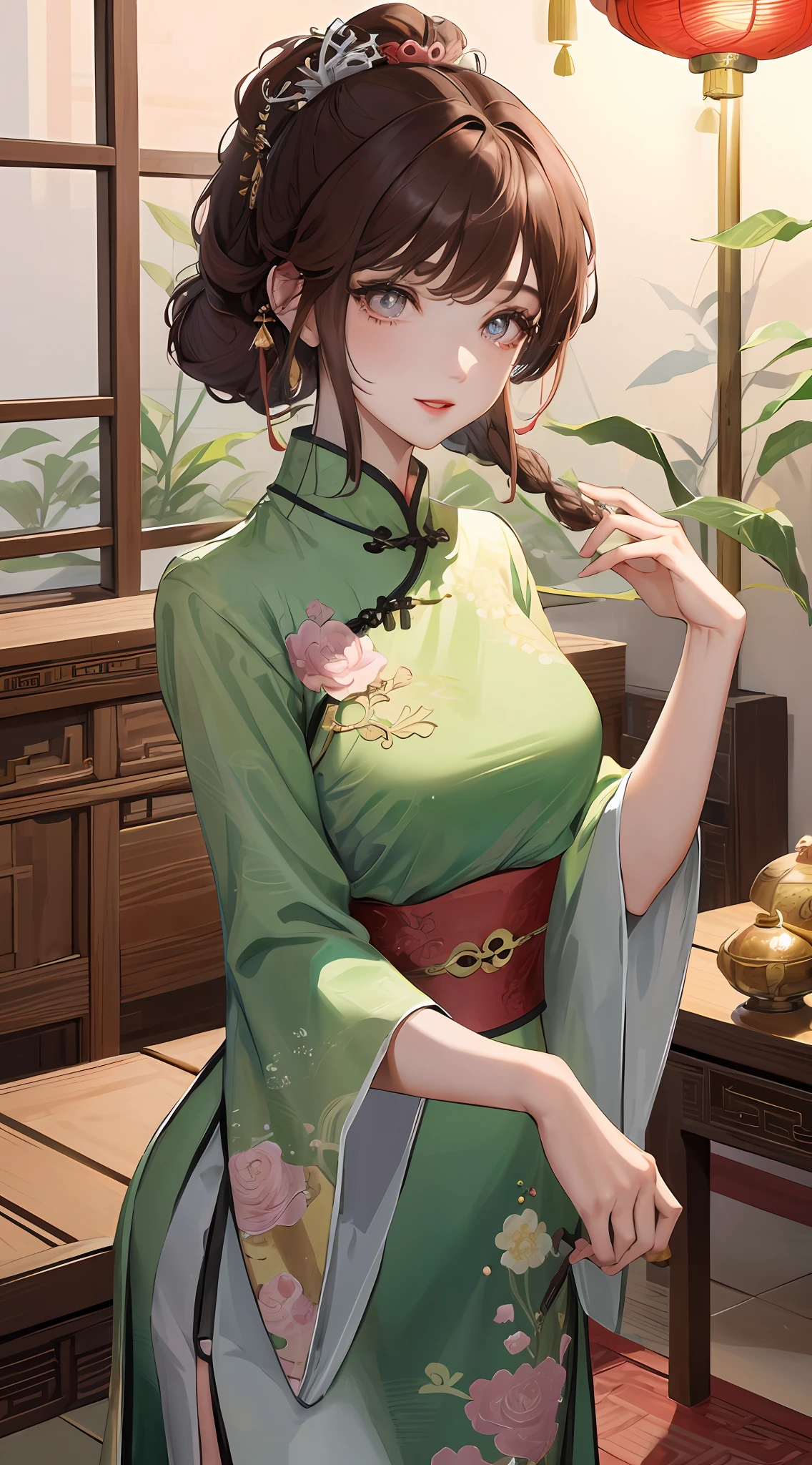 Masterpiece Ultimate Night Full Moon 1 Female Mature Chinese Style, wearing light green cheongsam, Chinese sister Royal Sister smiling brown hair princess cutting twist braided light pink lips, calm, intellectual, middle hair, black pupils, hairpins, turtle shell