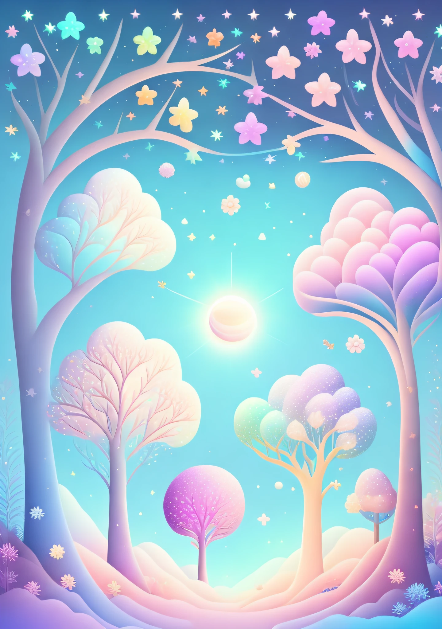 "Several trees, cartoon illustration, sky in a gradient of pastel colors with twinkling stars. Immerse yourself in a mystical world full of magical elements (weighted at 0.9). Enjoy the touch of magic as you explore the picturesque contours of flowers embedded in the scenery (weighing 0.8)."