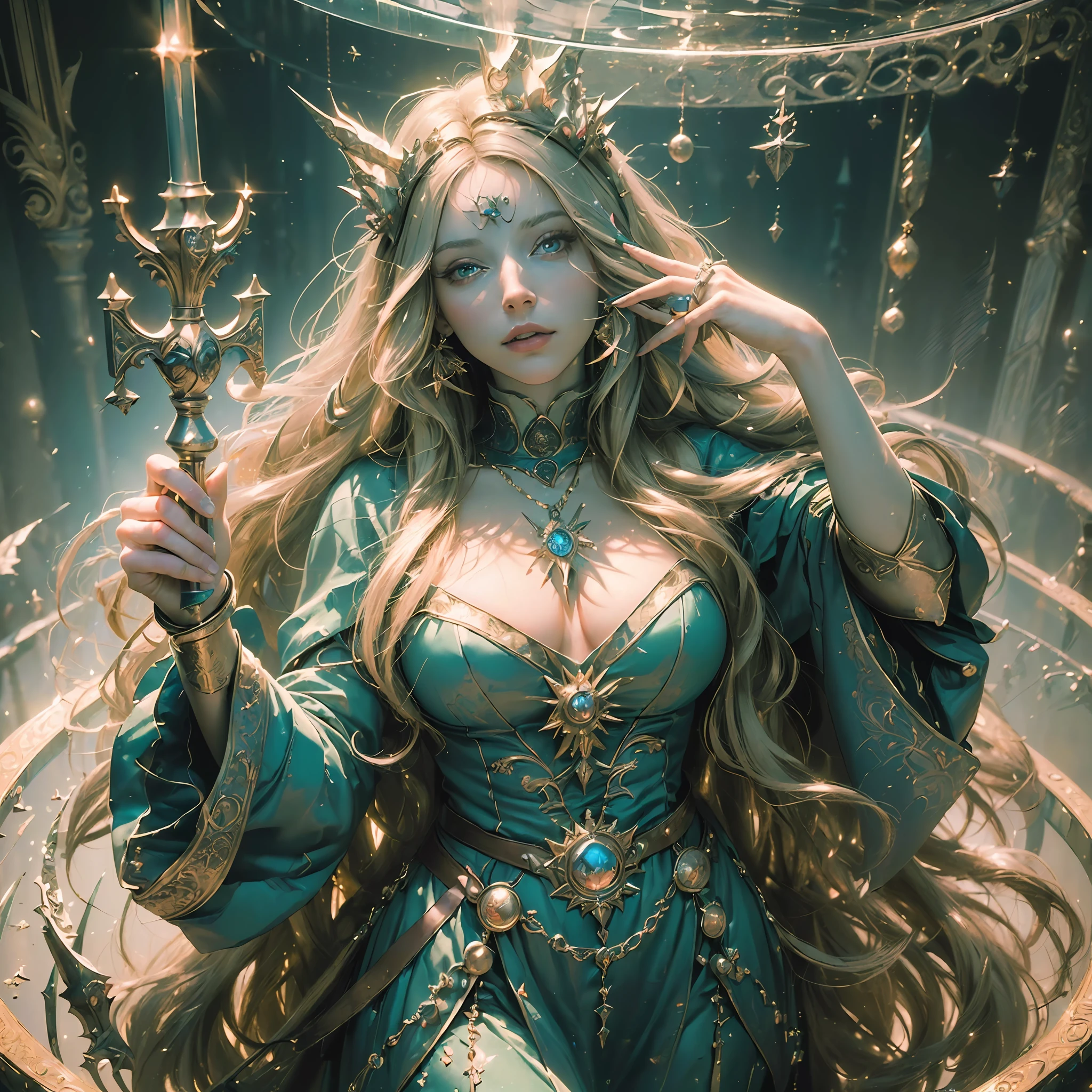 ((((highest quality, best masterpiece, best image quality))), transcendent beauty, super long hair, full body, photorealistic, realistic, magic circle, witch, wizard, arms, holding a big glass wand, huge castle, from above, looking at the camera, detailed skin, beautiful skin, dressed like an aristocrat