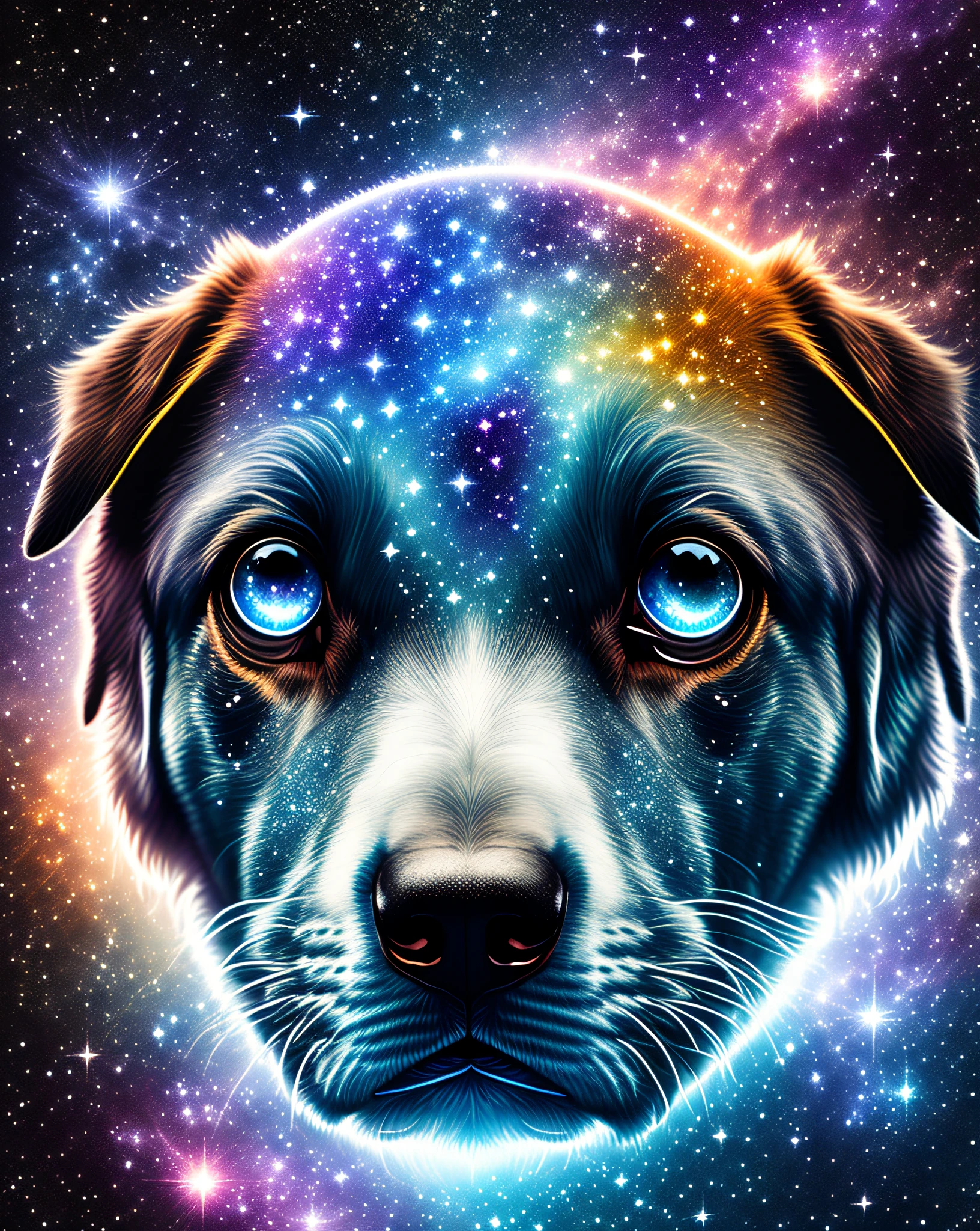 Dog face in space, stars, nebula, universe