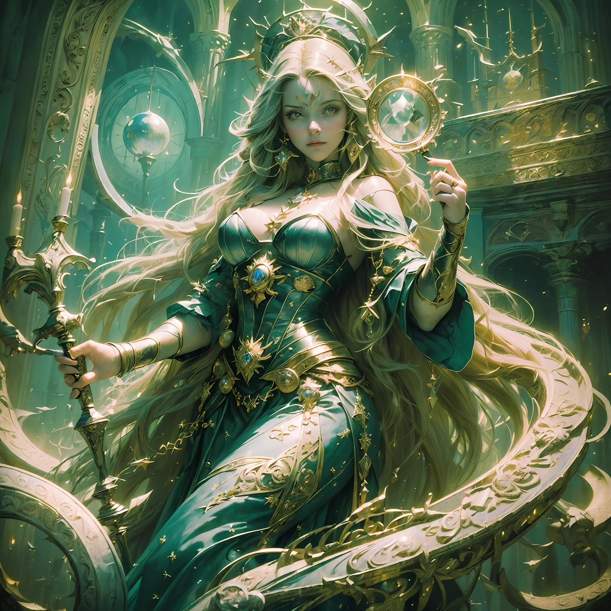 ((((highest quality, best masterpiece, best image quality))), transcendent beauty, super long hair, full body, photorealistic, realistic, magic circle, witch, wizard, arms, holding a big glass wand, huge castle, from above, looking at the camera, detailed skin, beautiful skin, dressed like an aristocrat
