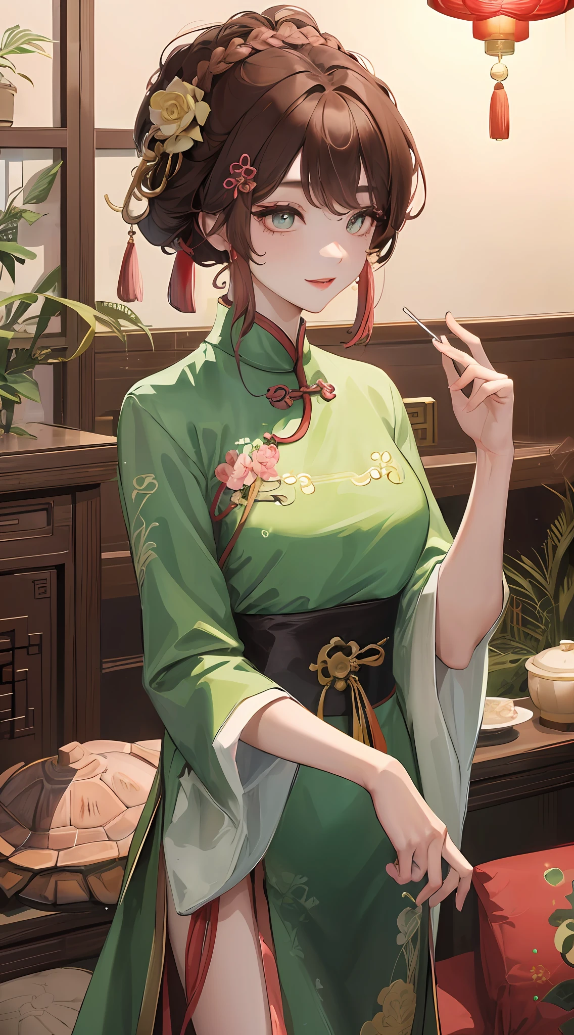 Masterpiece Ultimate Night Full Moon 1 Female Mature Chinese Style, wearing light green cheongsam, Chinese sister Royal Sister smiling brown hair princess cutting twist braided light pink lips, calm, intellectual, middle hair, black pupils, hairpins, turtle shell