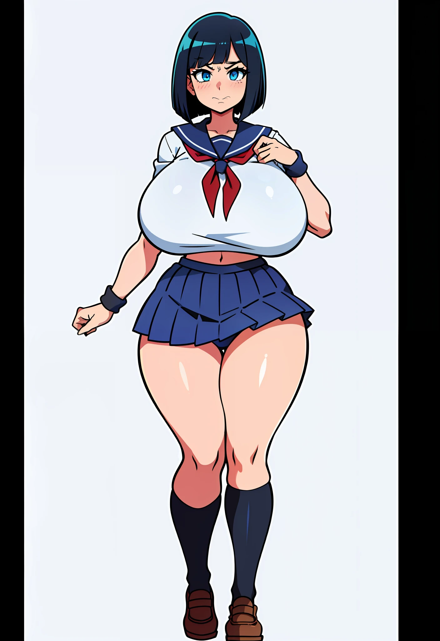 1girl,front view,Facing forward,looking at viewer,{{gigantic breasts!!!!}},big breasts!!,anime colored,angry,serafuku,pleated skirt,gleaming skin,bob cut,black hair,blue eye,panty shot
