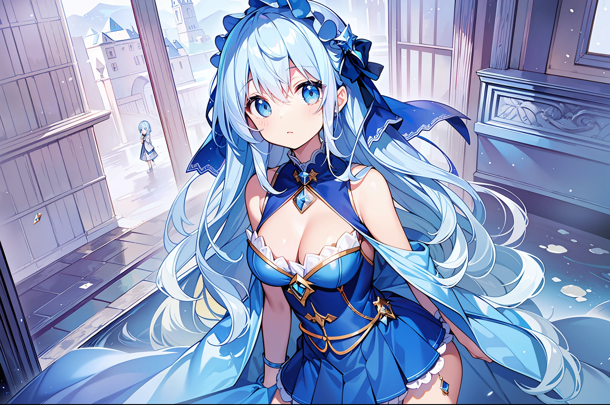 (MASTERPIECE), (Best Quality), (Super Detail), Official Art, One Girl, Lori with Pale Light Blue Hair, Petite Girl, Lori, Navy blue and blue and silver dress, Sleeveless, Long Cape, Small, Very Small, Small, Cleavage, Thigh Focus, Card Illustration, Frozen Lake