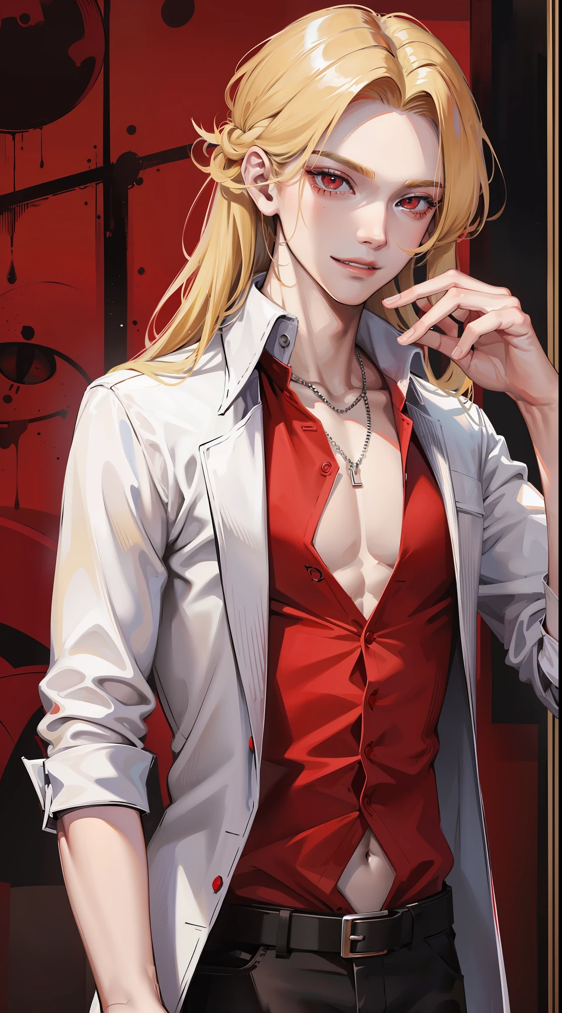 Young guy, long blonde hair, red eyes, red open shirt, open chest, smirk, masterpiece, high quality