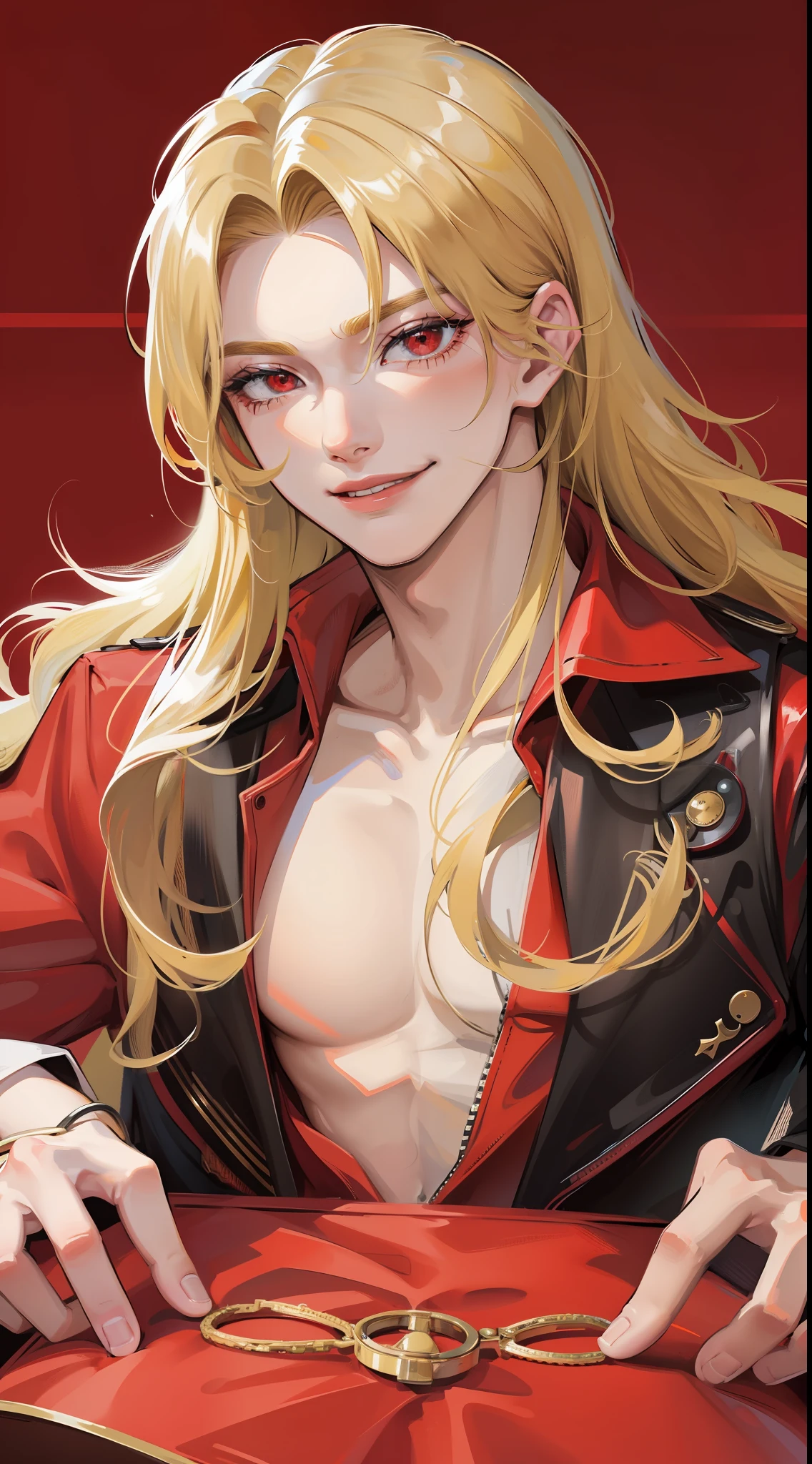 Young guy, long blonde hair, red eyes, red open shirt, open chest, smirk, masterpiece, high quality