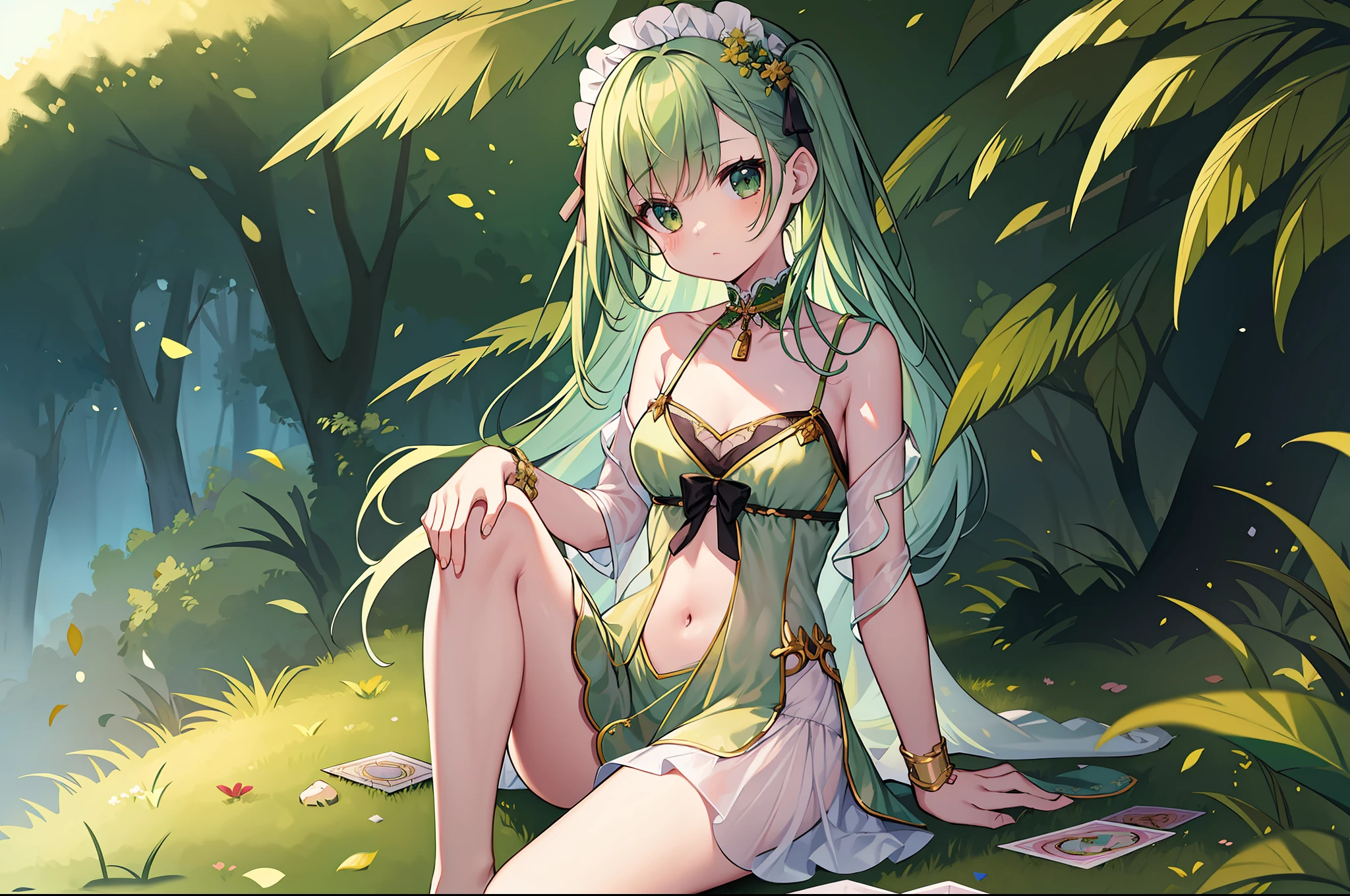 (MASTERPIECE), (Best Quality), (Super Detail), Official Art, One Girl, Lori with Pale Green Hair, Petite Little Girl, Loli, Green and Gold and Silver See-Through Dress, Sleeveless, Off Shoulder, Small, Very Small, Small, Cleavage, Thigh Focus, Navel Out, Bare Skin in the Lower Half of the Chest, Sitting, Card Illustration, Deep Forest