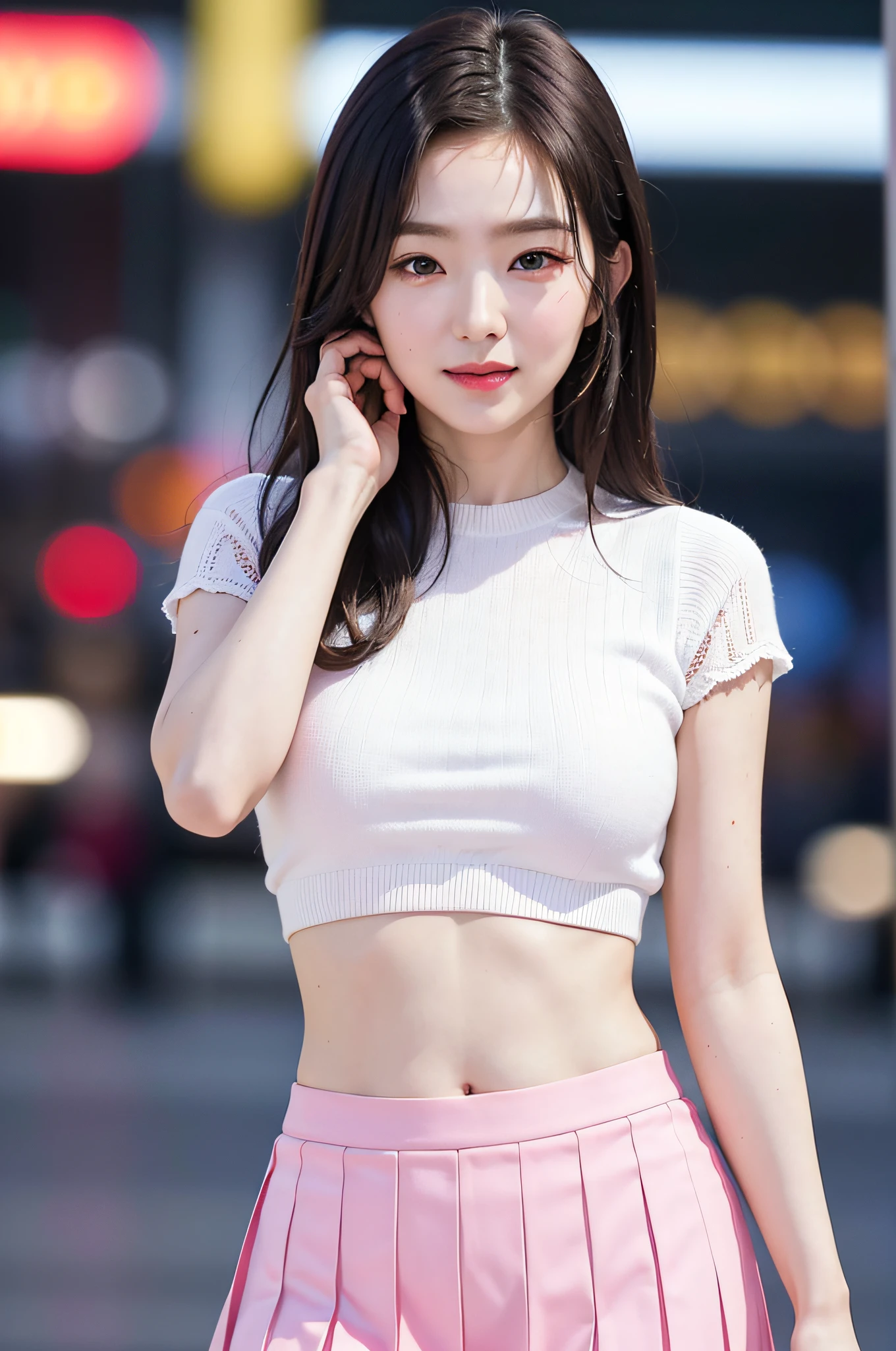 Ultra top quality, masterpiece, ultra high resolution, (photorealistic: 1.4), highly detailed CG Unity 8k wallpaper, detailed and complex, original, high resolution, raw photo, (perfect body shape), fine and complex, DSLR, soft lighting, high quality, film grain, depth of field, FUJIFILM XT3, 50mm lens, backlight, HDR, hyperreal, color grade, dynamic pose, portrait, Japan person, smile, lips, bangs, (crowded akihabara: 1.2), front view viewer, natural light, girl, 20 years old, full body, solo, student, high school, uniform, sailor color, bobby socks, pleated skirt, daytime, on the street, deep shadow, cute, beauty, discreet, cold light 12000K\\ street, store status, Akihabara, Shinjuku, Shibuya, Ikebukuro, detailed realistic, detail, skin texture, ultra detailed, realistic skin texture, (dramatic, award-winning photos, incredible masterpieces: 1.3)