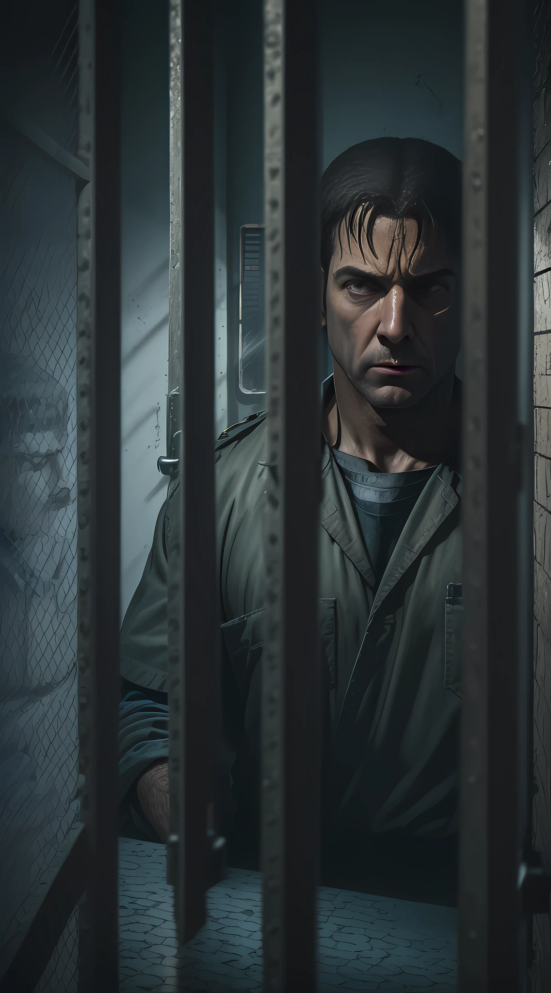 Create an ultra-realistic photographic representation, in 9:16 aspect ratio and 8K resolution cinematic quality, that depicts 'The Stanford Prison Experience'. Use a dark and intense aesthetic approach, with desaturated colors and cool shades. Highlight the meticulous details of a prison cell, such as the bars, concrete, and minimal objects. Compose the image in such a way as to convey a sense of claustrophobia and isolation. Portray prisoners with emotion-laden facial expressions, representing their suffering, despair, and frustration. Highlight the guards with authoritarian and cold postures, suggesting oppressive power dynamics. Create an image that prompts reflections on the psychological effects of deprivation of liberty and the complexities of power relations in a prison environment --auto --s2
