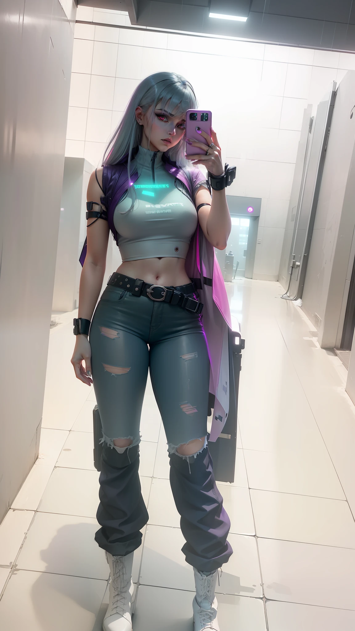 cg art, masterpiece, ultra-detailed, best quality, amazing), (Prompt B:cyberpunk girl, beauty, sleek, futuristic), (Prompt C:dynamic pose, dynamic angle, white hair, high boots, lace, techno-fashion, red eyes:1.2), (Prompt D:gritty urban district, neon lights, rain, wet pavement, atmospheric), (Prompt E:vivid purple/pink gradient color palette, cinematic, post-processing effects), (Prompt F:volumetric fog, lens flare)