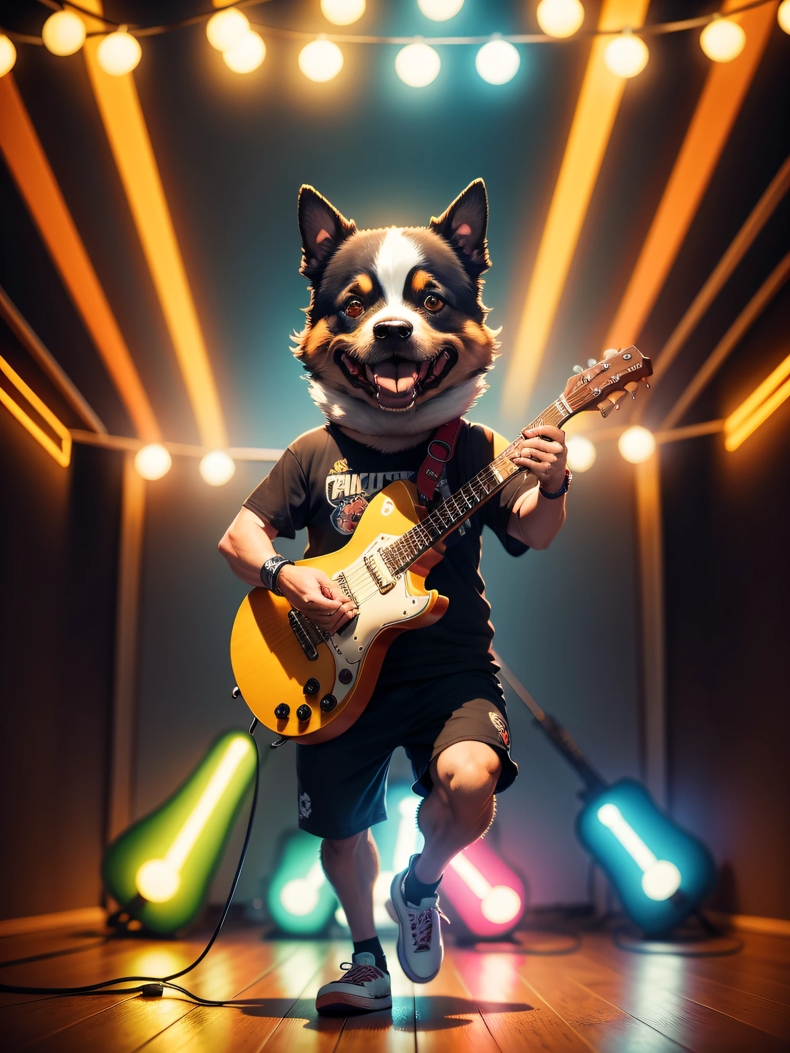 Funny caricature of a dog playing guitar, vibrant lighting and energy, colorful lights illuminating the environment.