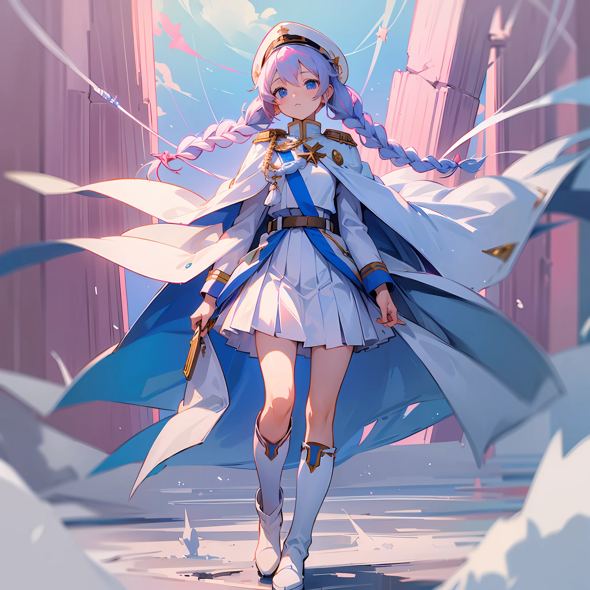 Girl, Full body, white military uniform, white cloak, star ornament, white and pleated skirt, white boots, pink braid pigtails, sky-blue eyes, lance, forlorn