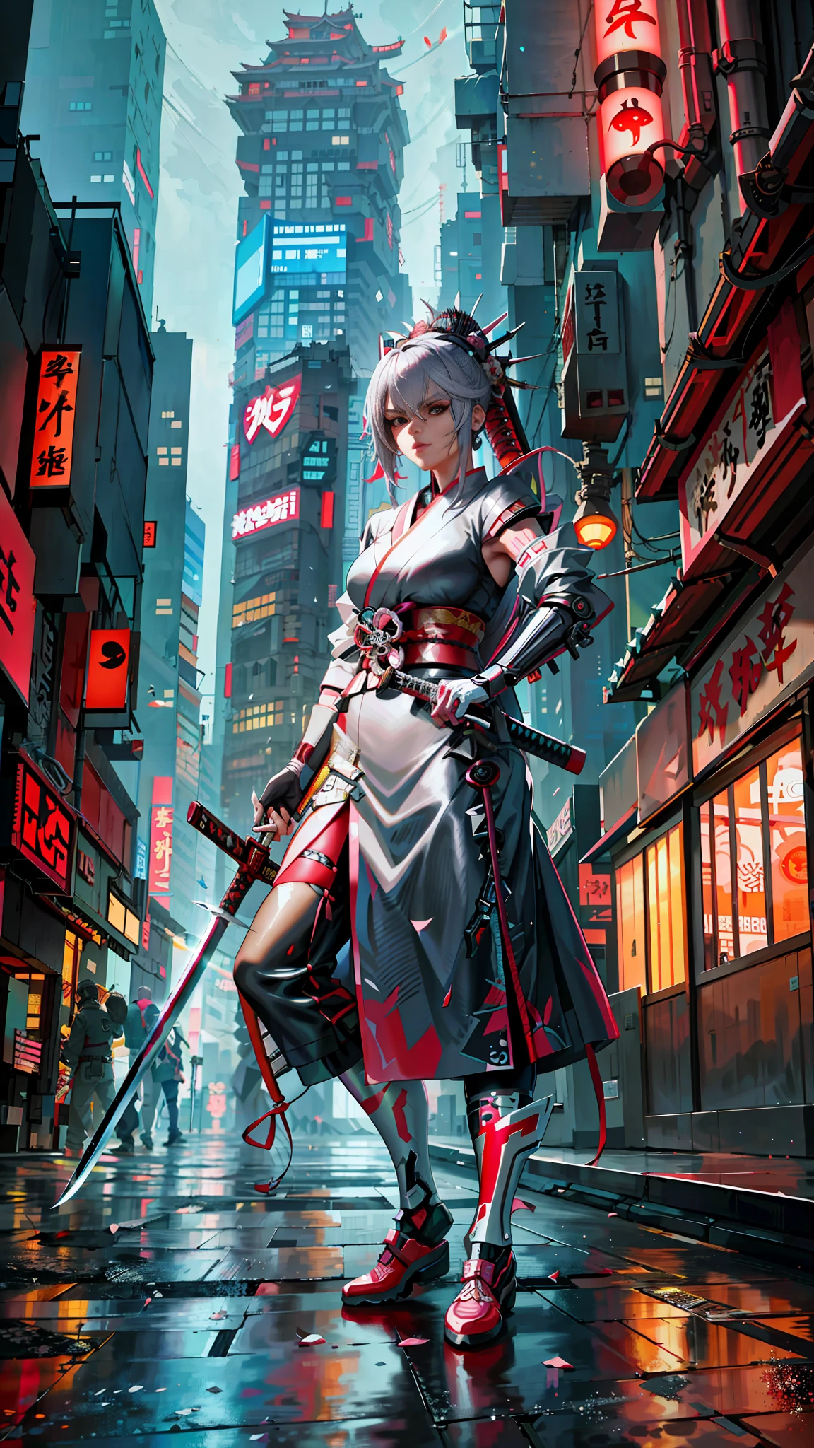 anime - style woman in a silver outfit holding a sword in a city, very beautiful cyberpunk samurai, cyberpunk samurai, cyberpunk geisha, urban samurai, portrait of a cyberpunk samurai, she is holding a katana sword, anime cyberpunk art, badass anime 8 k, cyberpunk anime art, unsheathing her katana, digital cyberpunk anime art, cyberpunk anime girl