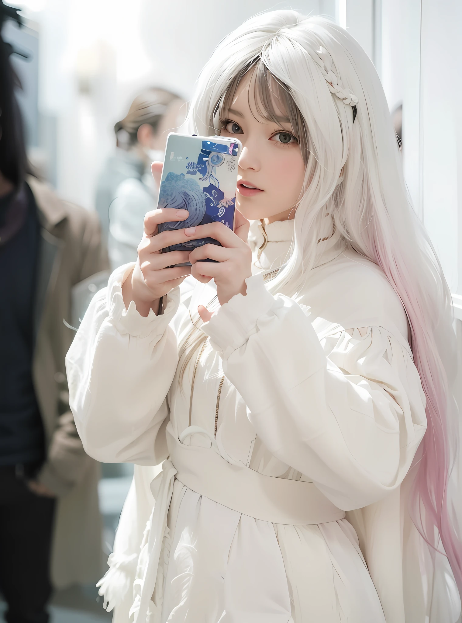 there is a woman with long white hair holding a cell phone, with white long hair, with long white hair, anime girl cosplay, cosplayer, long white hair and bangs, anime cosplay, cosplay photo, anime style mixed with fujifilm, she is holding a smartphone, girl with white hair, cosplay, ulzzang, anime girl in real life