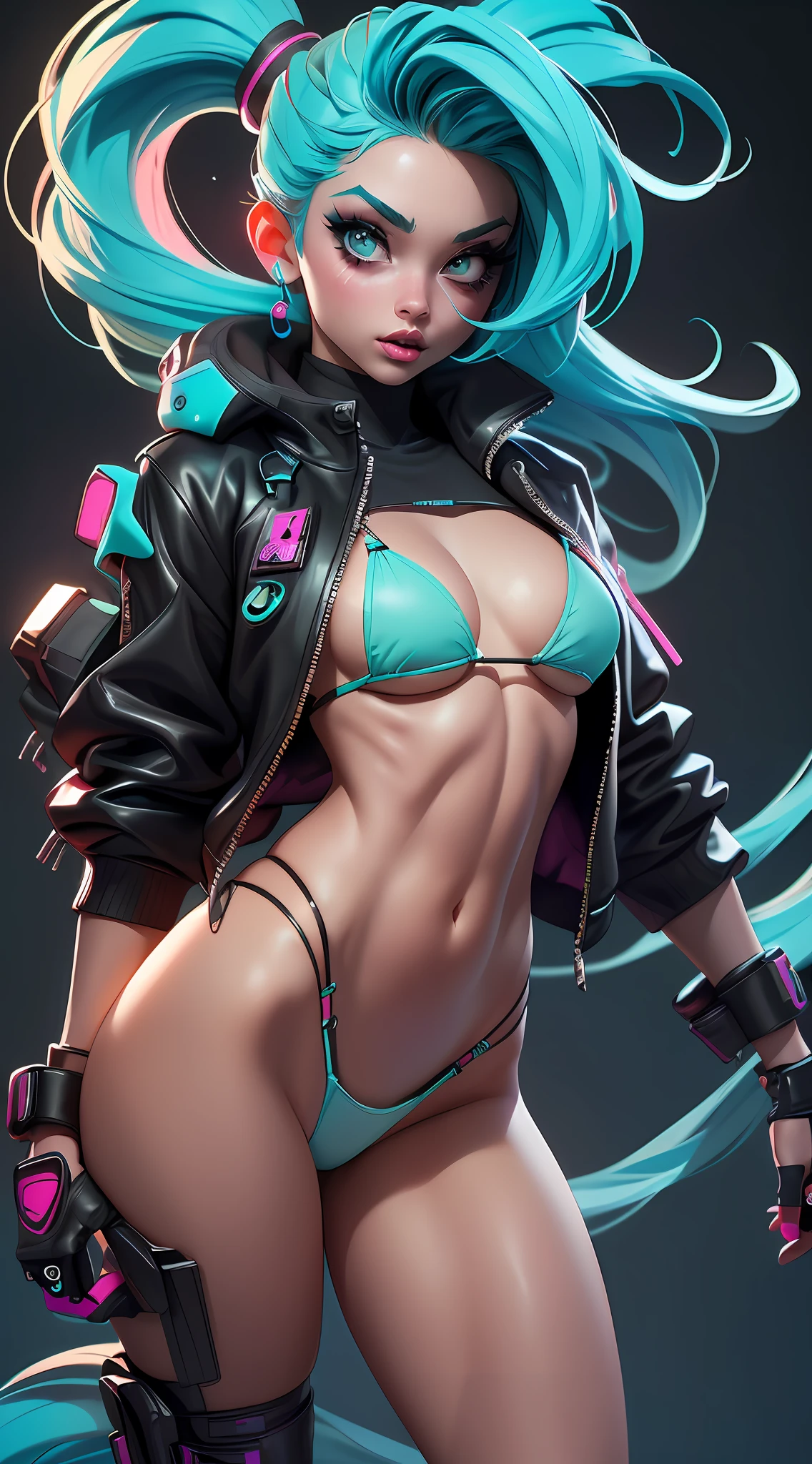 ((Best Quality)), ((Masterpiece)), ((Realistic)) and ultra-detailed photography of a 1nerdy girl with goth and neon colors. She has ((turquoise hair)), wears a small skimpy black bikini thong , ((beautiful and aesthetic)), muscular abs, sexy, under-boobs, hot