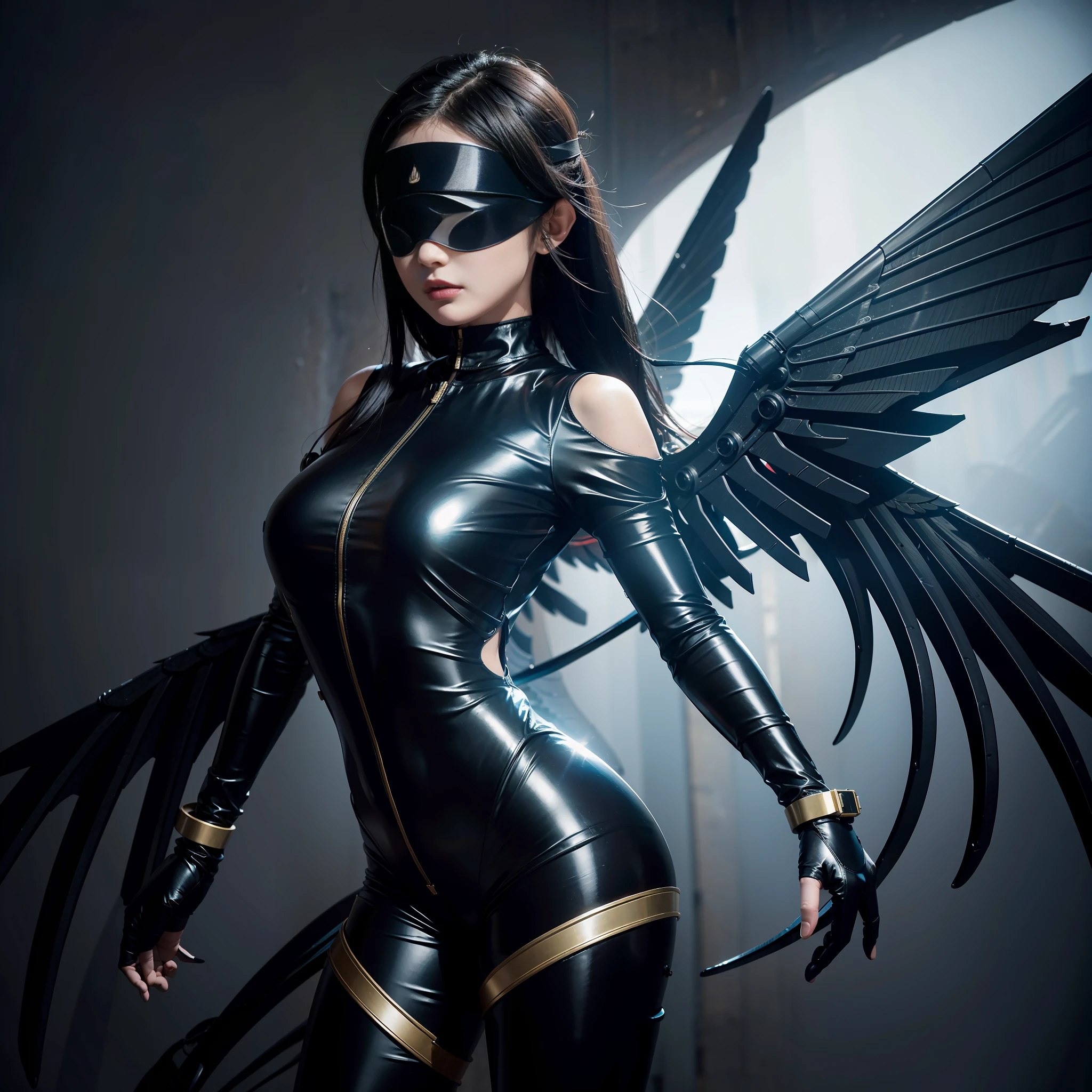 Best image quality, SLR, 1 woman (Alafor), Japan person, mechanical bodysuit, big (1.5), perfect body, mechanical big wings, beautiful wings, black wings, symmetry, mechanical wings, whip body type, blindfolded,