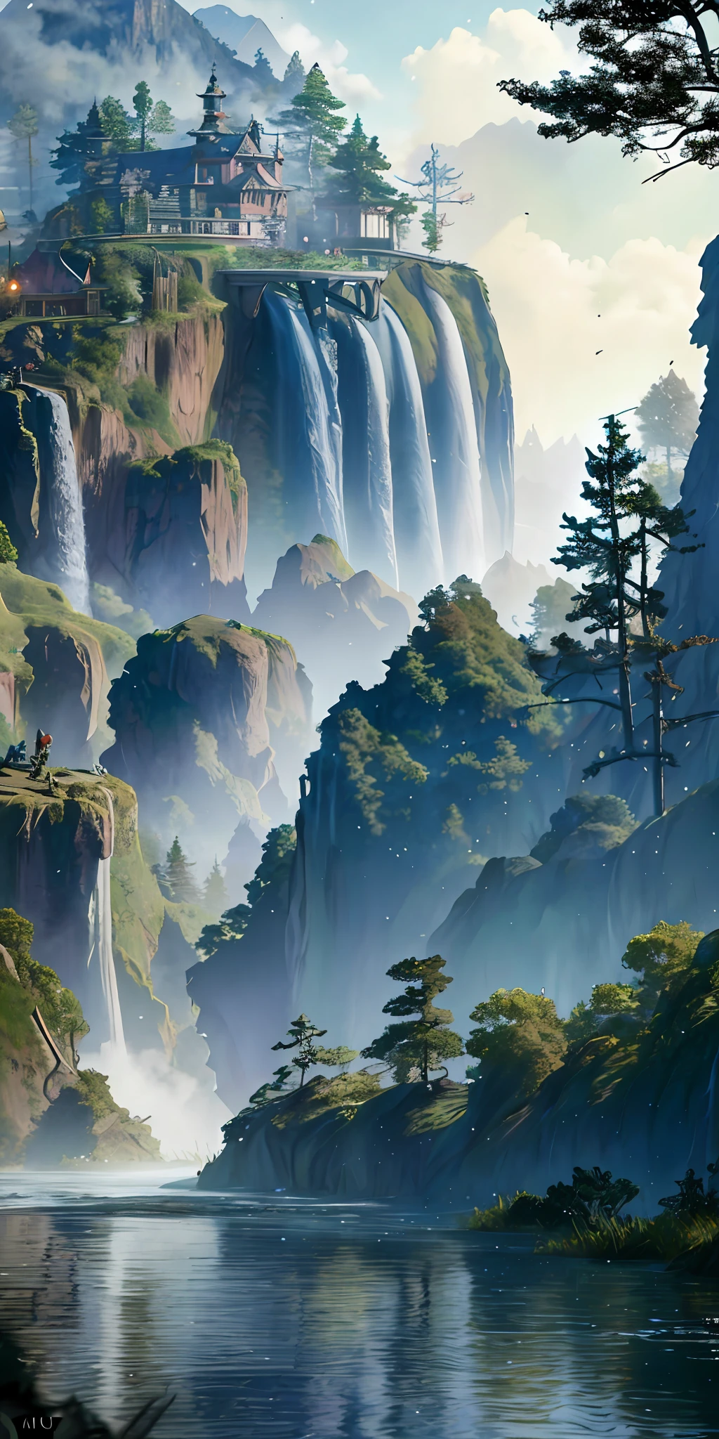 Analog style,ChromaV5,nvinkpunk,(extremely detailed CG unity 8k wallpaper),An image of a majestic river, trees on the sides, tiny waterfall, intense fog ,award winning photography, Chromatic Aberration, Detailed , HDR, Bloom, style by Monet, Pissarro, and Sisley ,trending on ArtStation, trending on CGSociety, art by midjourney