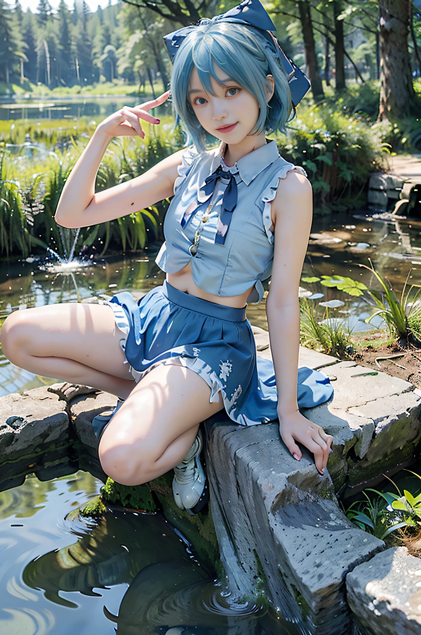 ((Cirno)), ((Touhou Project)), Cosplay, ((Blue hair)), ((Bangs)), ((Blue ribbon)), ((Open white shirt)), (Sleeveless)), ((Light makeup)), (Navel)))), (Ice Feather))), (Pause))), (Frog)), (Lake)), (Forest)))), Slim girl model,  female model, (smile), ( Looking at the camera)