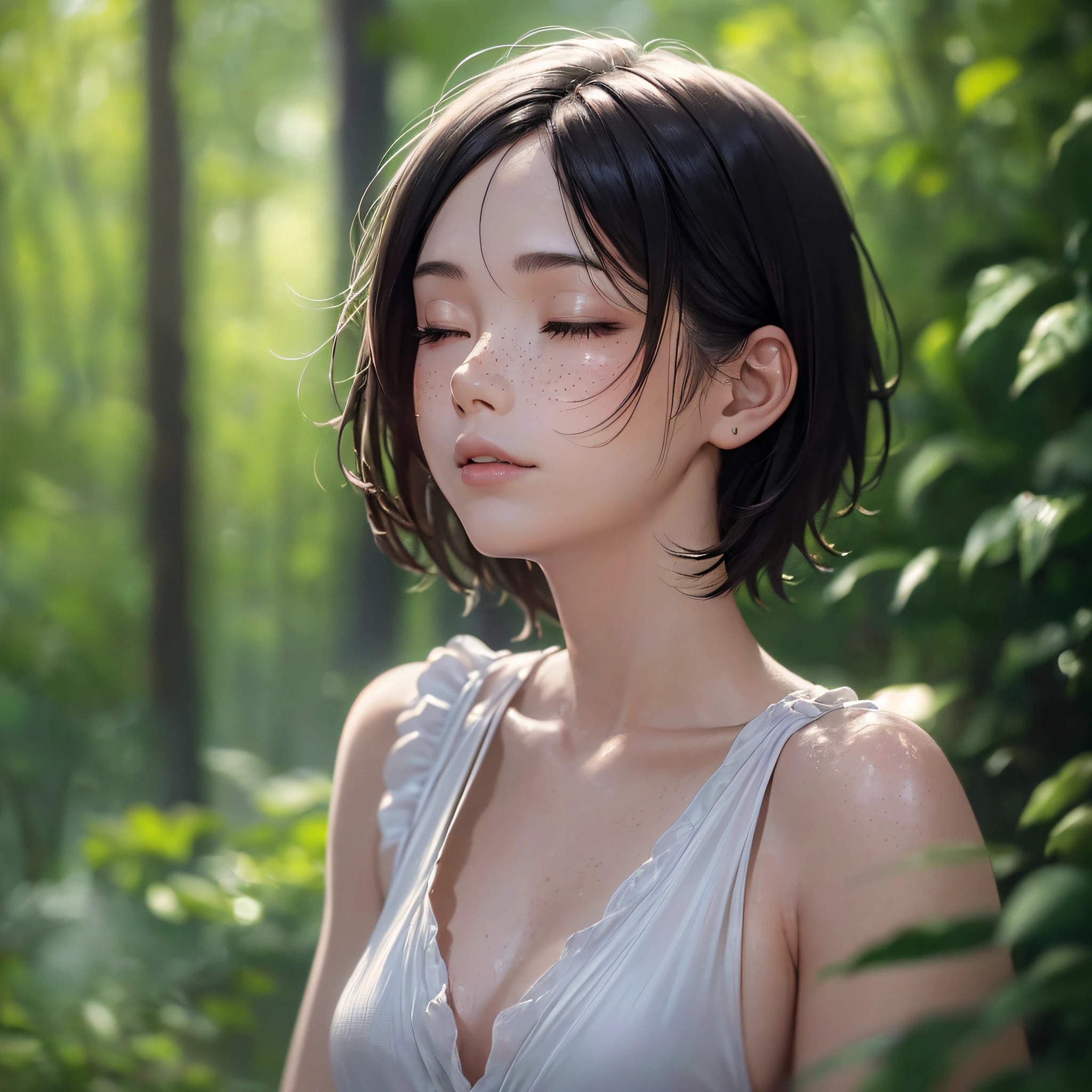 David Hamilton style, Japan woman, 20 years old, sunny, evening, forest, head to toe, barefoot, medium and tall, very short hair, lips are thin, lips are also light, eyes closed, eyes are small, eyes are frontal, profile, black hair, less freckles, contrast shallow ((((very beautiful portrait)), (glowing skin)), RAW photography, (monochrome, masterpiece, top quality, hyper detail, cinema lighting, intricate detail, high resolution, 8K, highly detailed), detailed background, 8K UHD, DSLR, soft lighting, high quality, film grain, ORIMPUS OMD, shallow depth of field, natural light, --auto --s2