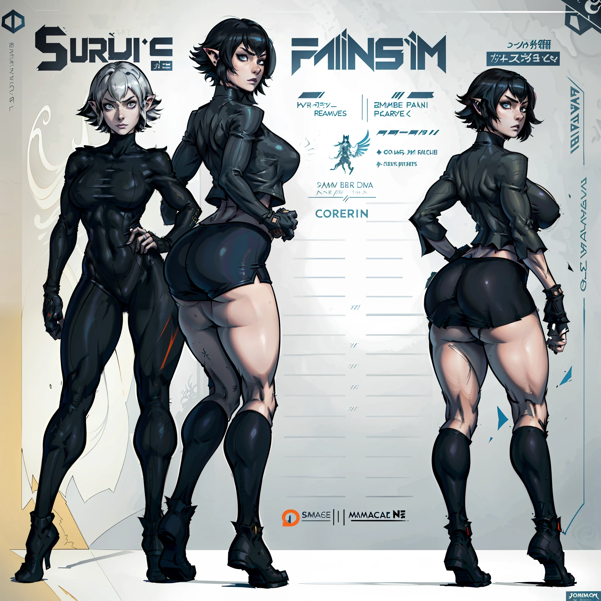 A closeup of a woman wearing uniform with coat and some other poses, front side and back poses, cutesexyrobutts, woman with short black hair and blue degrade, bright blue eyes, pale skin, vampire, pointed ears, muscular!, fit body, gynoid body,sweaty body, perfect body, fit body, abdomen, large breasts, chubby butt, prancing ass, prancing butt, full body concept art, detailed full body concept art, Cushart Krenz Key Women's Art, Masamune Shirow style, Yusuke Murata style, Ilya Kuvshinov, Oppai proportions, official character art, uniform, full body concept, (best quality, masterpiece) a cute chibi girl,