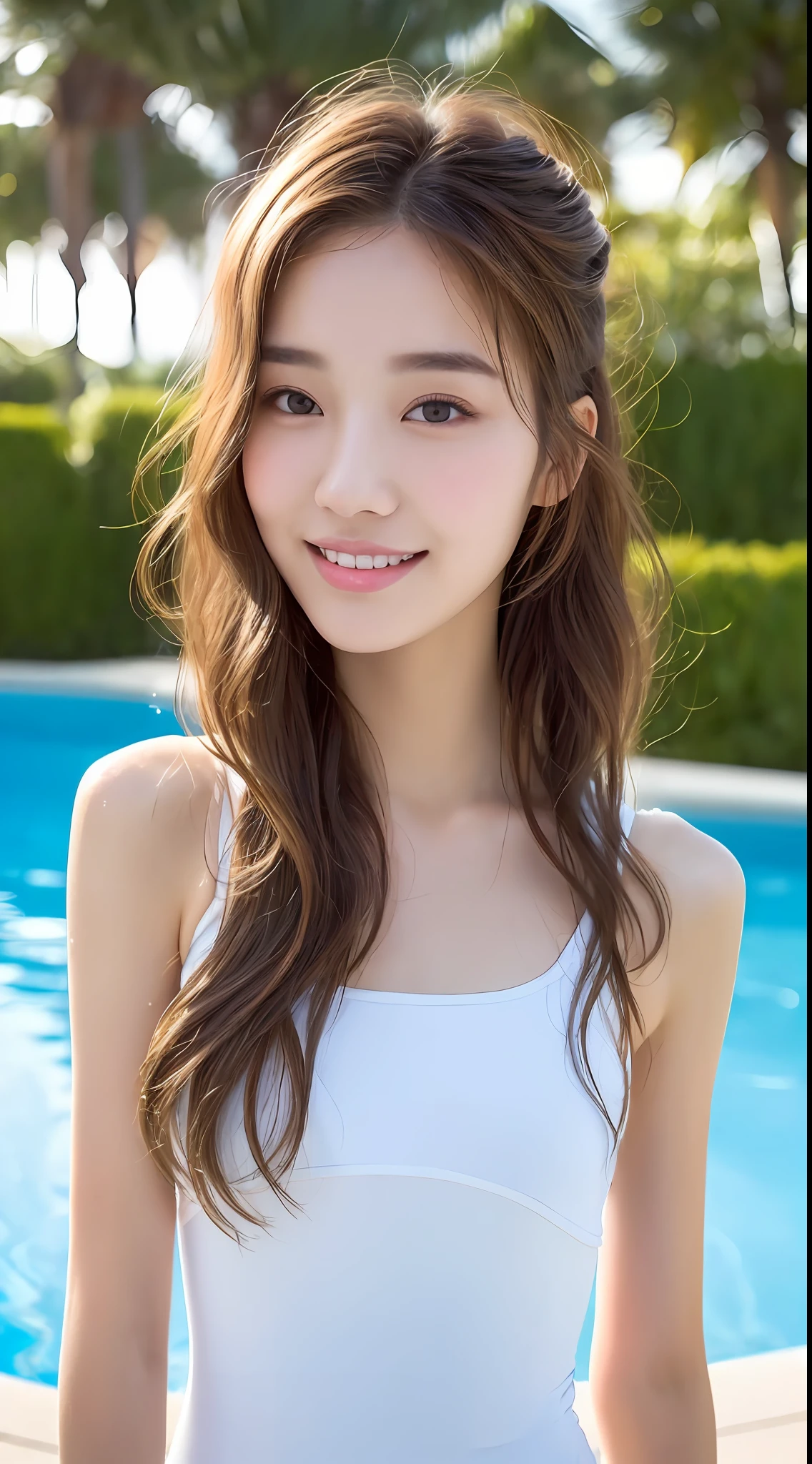 ((Best Quality, 8K, Masterpiece: 1.3)), 1girl, Slender Beauty: 1.3, (Hairstyle Random Waves, Upper Body: 1.2), Translucent Signature Swimsuit: 1.1, Super Fine Face, Delicate Eyes, Double Eyelids, Close Up, Smile, In the Pool