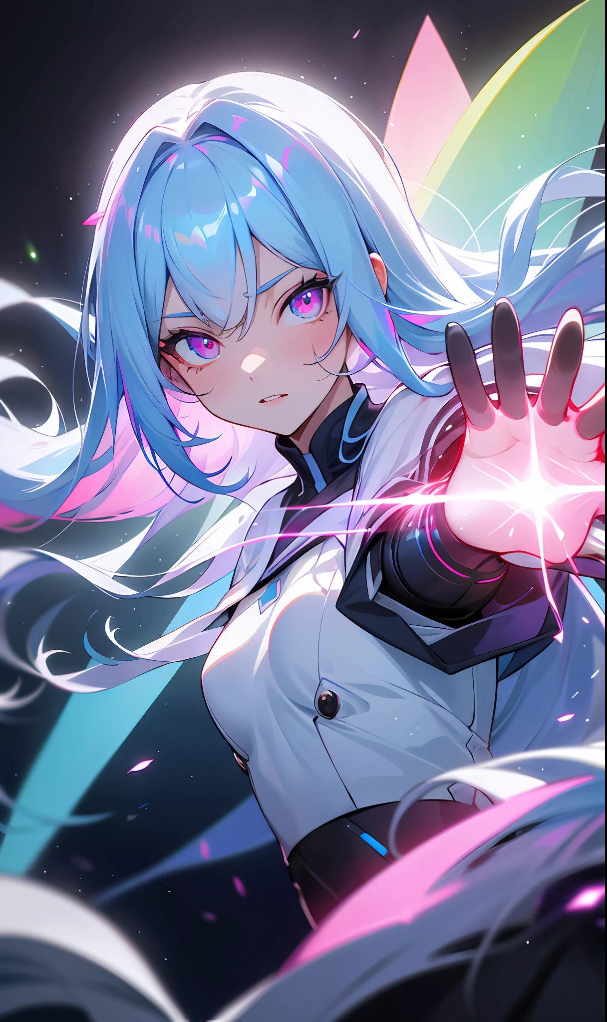 (Fine, Clear Image, Super Resolution, Extremely Amazing Detail, Awesome Detail), Subsurface Scattering, Masterpiece, Best Quality, High Quality, 1girl, Solo, Upper Body, Prism Eye, Prism Hair, Prism, Serious, [Silver|White] + (Blue: -0.3) Hair, Blue + Red Eyes, Gradient Eyes, Multicolored Eyes, Calm, Small Tits, Student Uniform, Glow, Glowing Eyes, Glowing White Particles, Glitter, Bloom, Fantasy, Cave