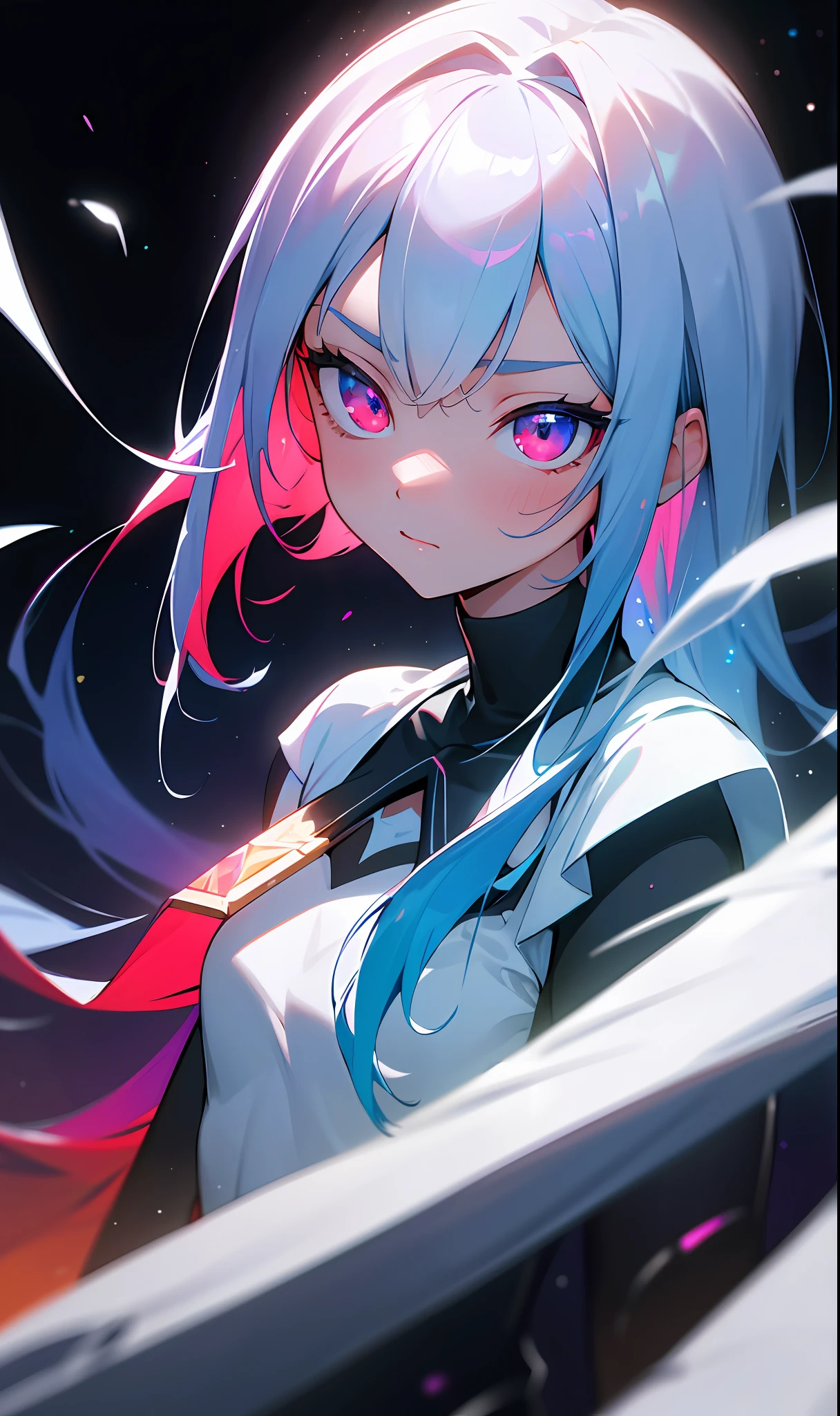 (Fine, Clear Image, Super Resolution, Extremely Amazing Detail, Awesome Detail), Subsurface Scattering, Masterpiece, Best Quality, High Quality, 1girl, Solo, Upper Body, Prism Eye, Prism Hair, Prism, Serious, [Silver|White] + (Blue: -0.3) Hair, Blue + Red Eyes, Gradient Eyes, Multicolored Eyes, Calm, Small Tits, Student Uniform, Glow, Glowing Eyes, Glowing White Particles, Glitter, Bloom, Fantasy, Cave