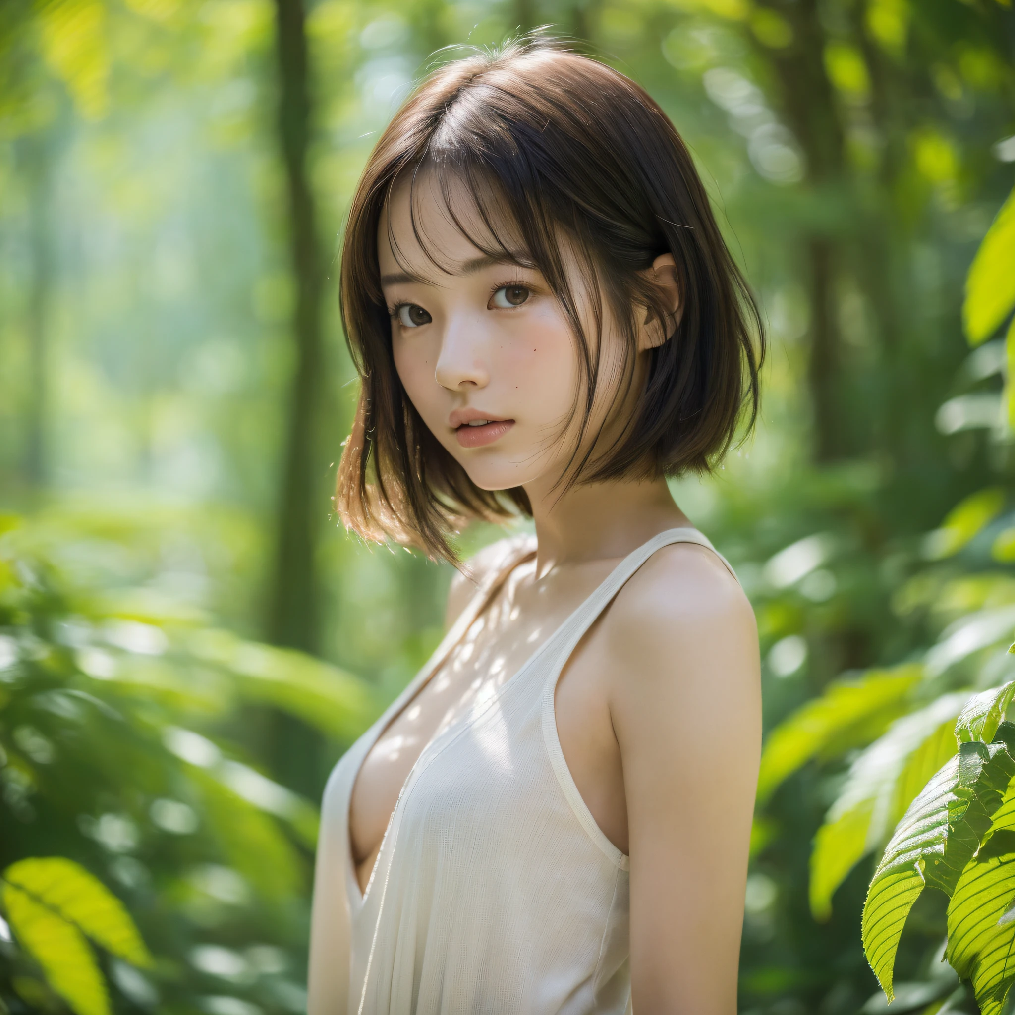 David Hamilton style, Japan woman, 20 years old, heartbroken, sunny, evening, forest, from head to toe, small breasts, barefoot, medium tall, very short hair, lips are thin, lips are pale, light eyes, tears on cheeks, eyes are small, eyes are frontal, profile, black hair, less freckles, contrast shallow ((((very beautiful portrait)), ((shining skin)), RAW photography, (masterpiece, Top Quality, Hyper Detail, Cinema Lighting, Complex Detail, High Resolution, 8K, Very Detailed), Detailed Background, 8K UHD, DSLR, Soft Lighting, High Quality, Film Grain, ORIMPUS OMD, Shallow Depth of Field, Natural Light